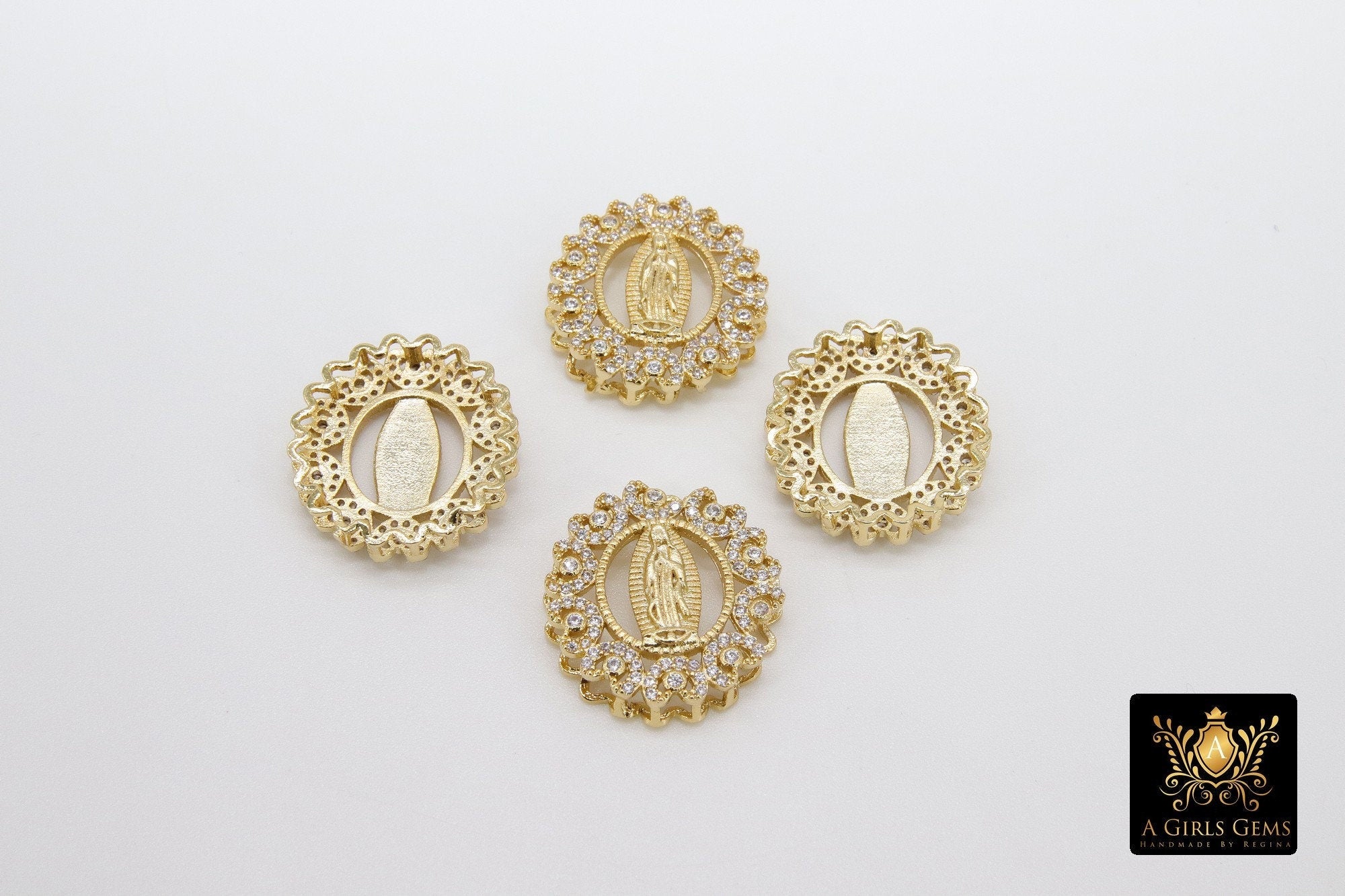Gold Jesus Virgin Mary Charms, #598, CZ Micro Pave Connector Beads or Slide Bead Pendants