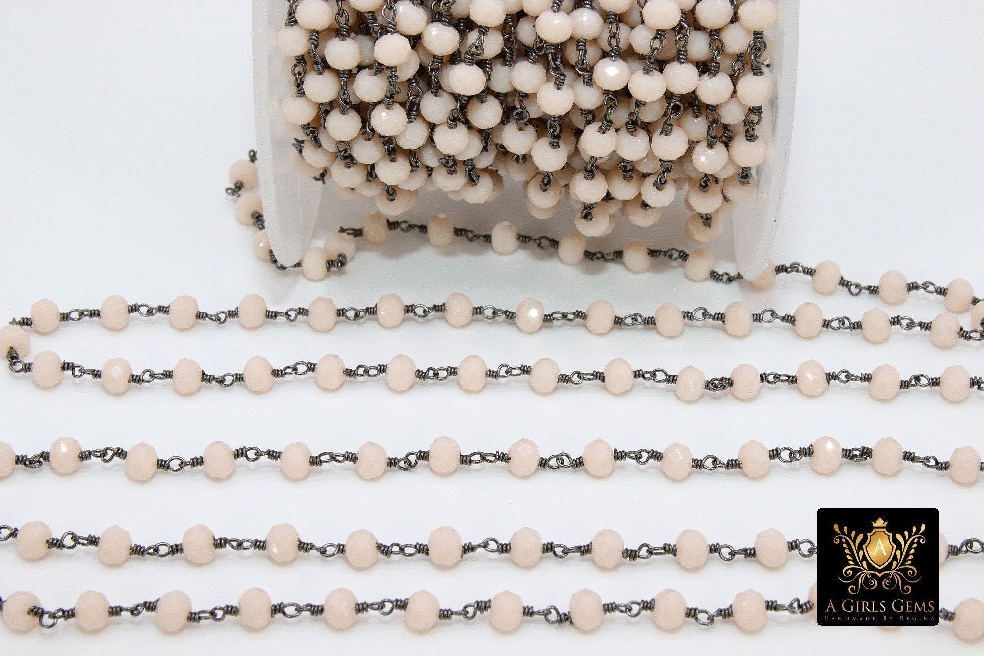 Light Cream Ivory Rosary Chain, 6 mm Gold Plated Beige Mystic Crystal CH #303, Wire Wrapped