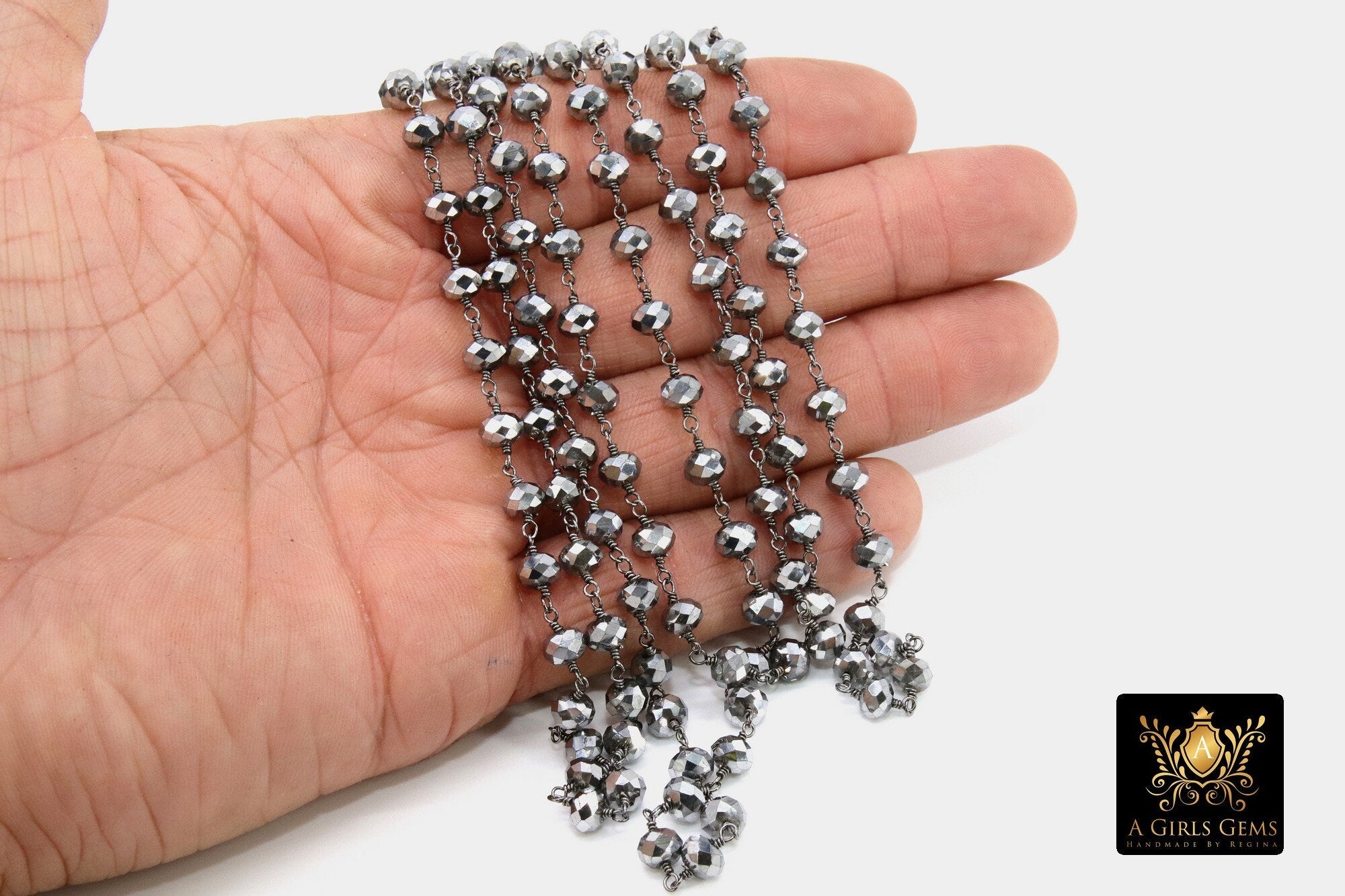 Gunmetal Black Crystal Rosary Chain, 6 mm Silver Wire Wrapped Crystal Beads CH #402, Unfinished Jewelry Chains Bulk