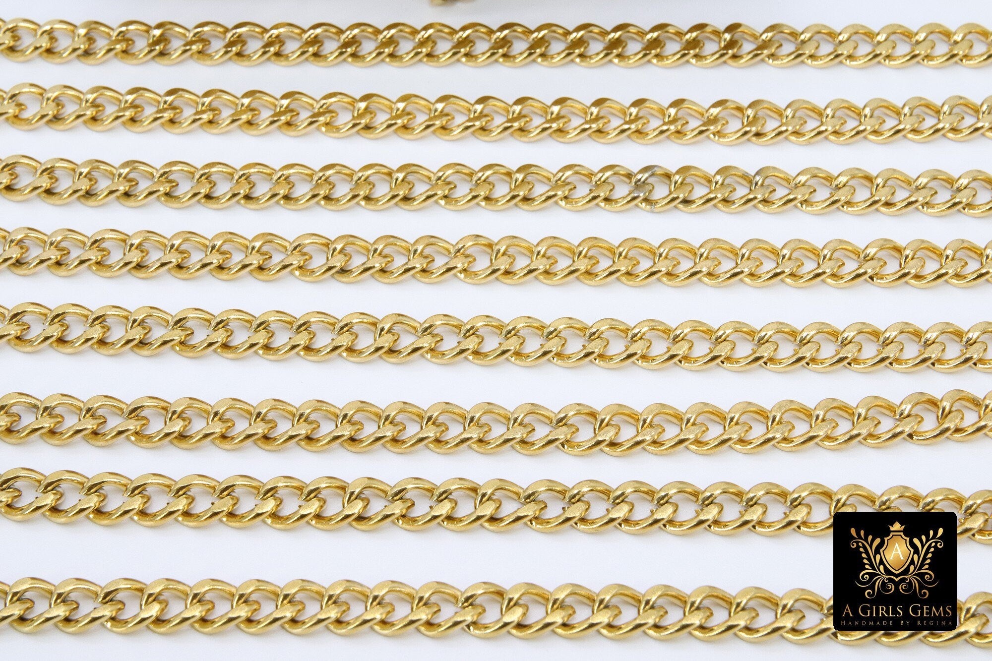 Gold Cuban Curb Chain, 304 Stainless Steel Heavy Flat Miami Diamond Cut Oval Jewelry Chains CH #217, By the Yard