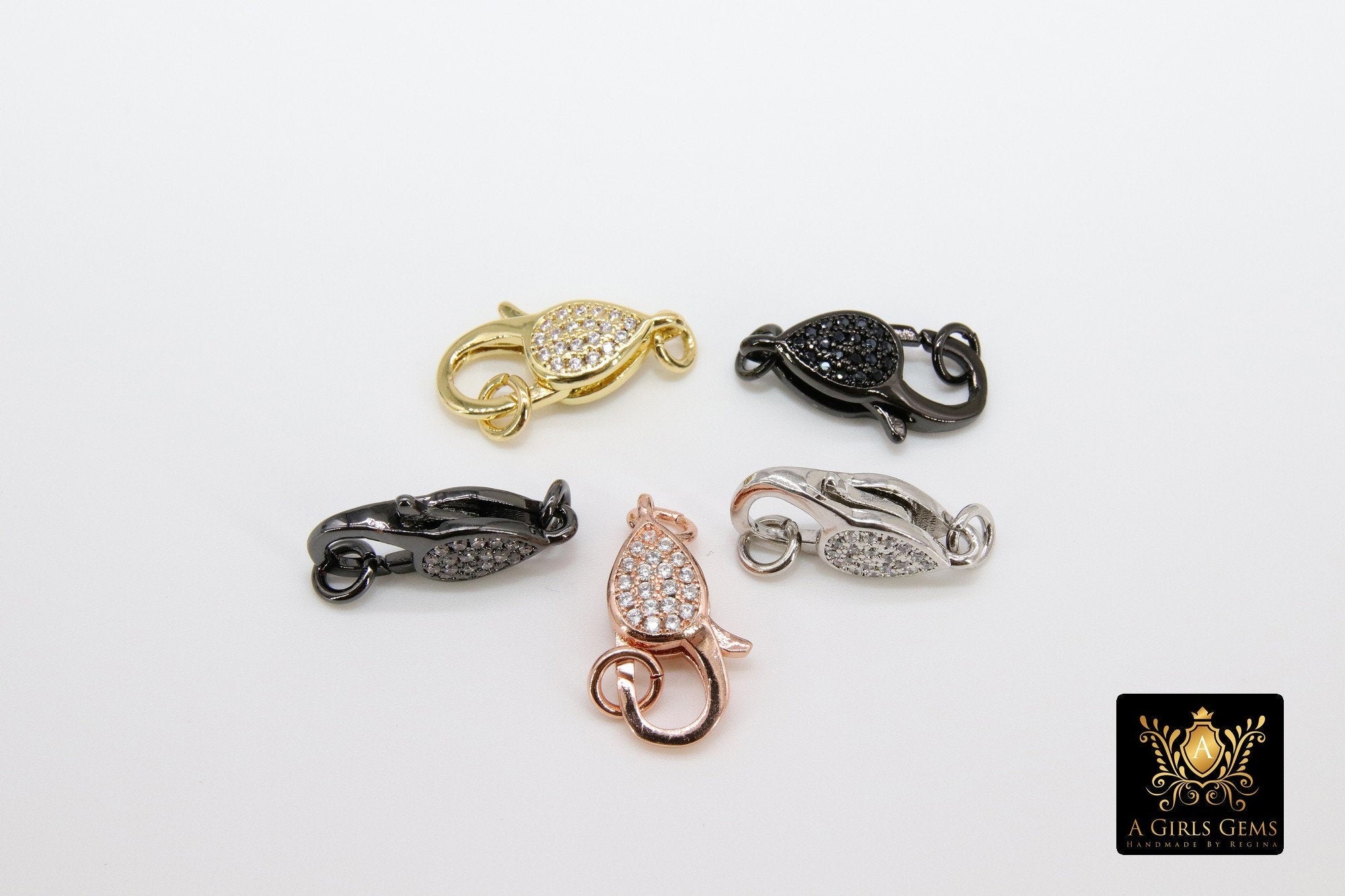 Clear CZ Pave Lobster Claw Clasp, Teardrop Pave Buckle Link Connector #140, 10 x 19 mm Gold