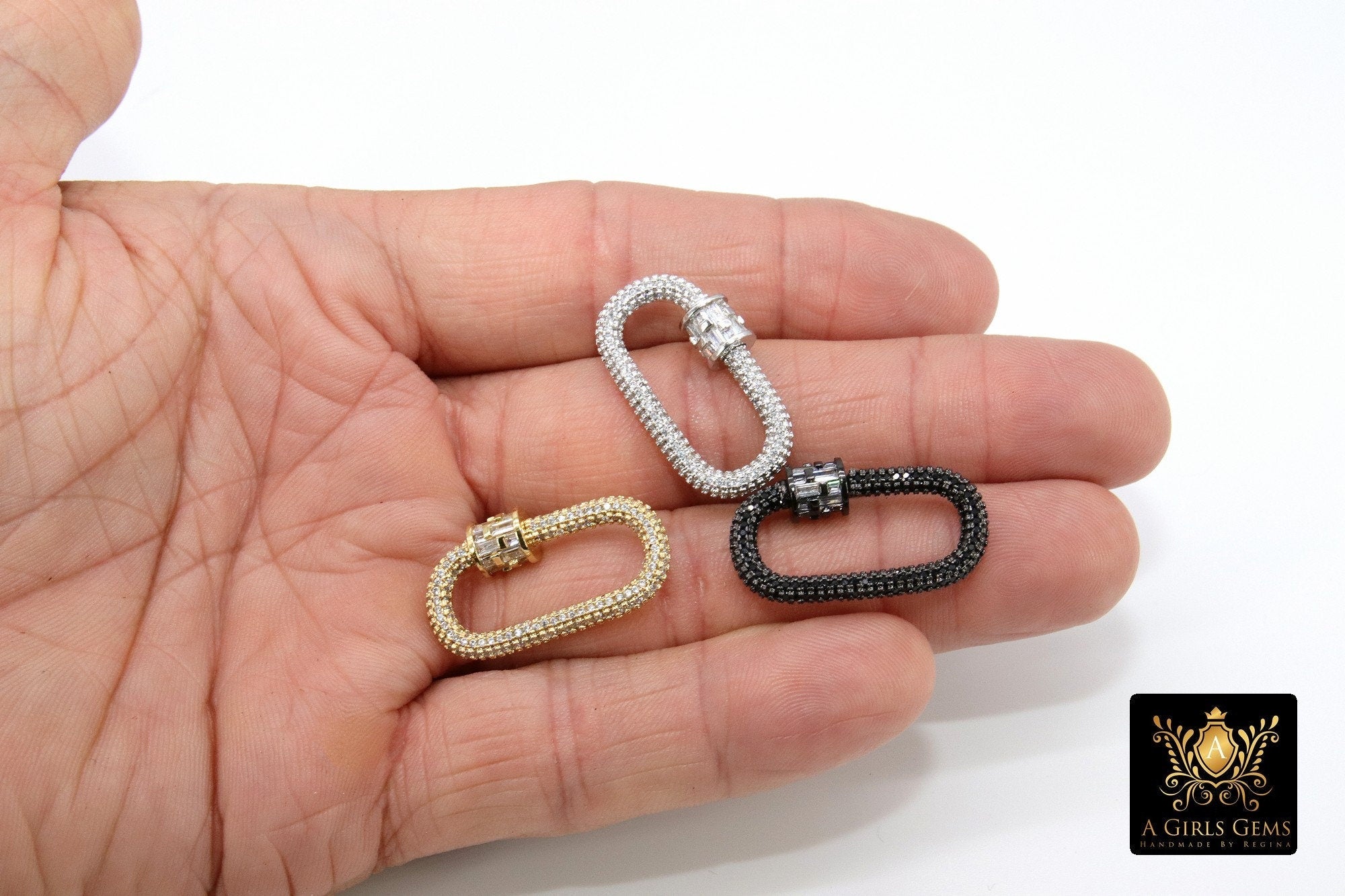 CZ Micro Pave Oval Screw Clasps, Baguettes Large Connector Claw Silver, Black