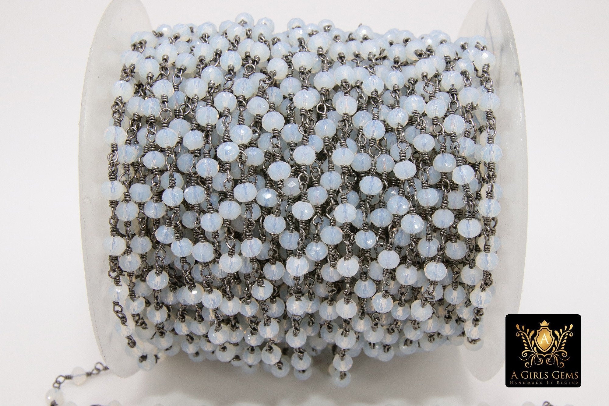 White Opal Beaded Rosary Silver Chain, Black or Gold Wire Wrapped CH #316, 4 mm Opalite Clear Chain