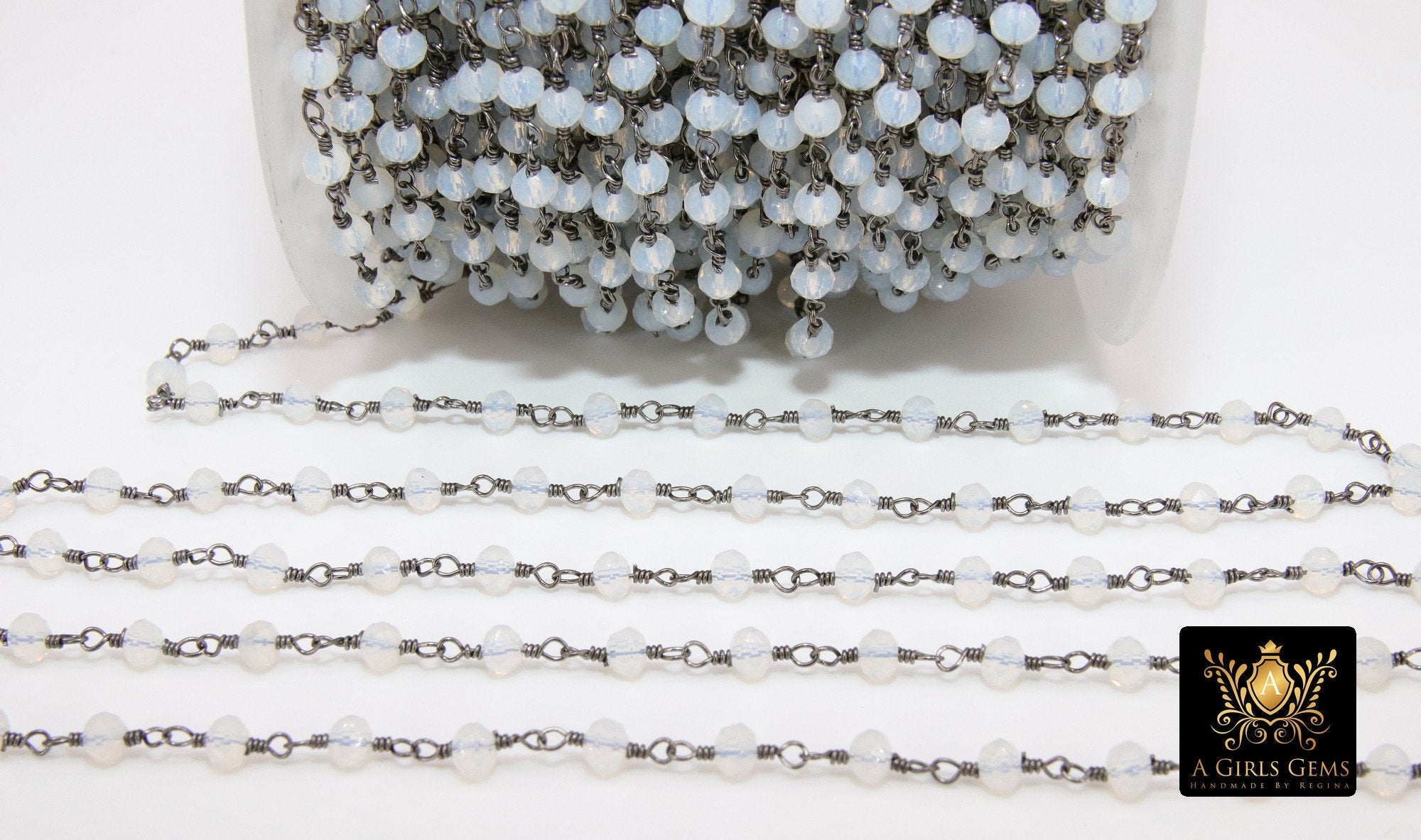 White Opal Beaded Rosary Silver Chain, Black or Gold Wire Wrapped CH #316, 4 mm Opalite Clear Chain