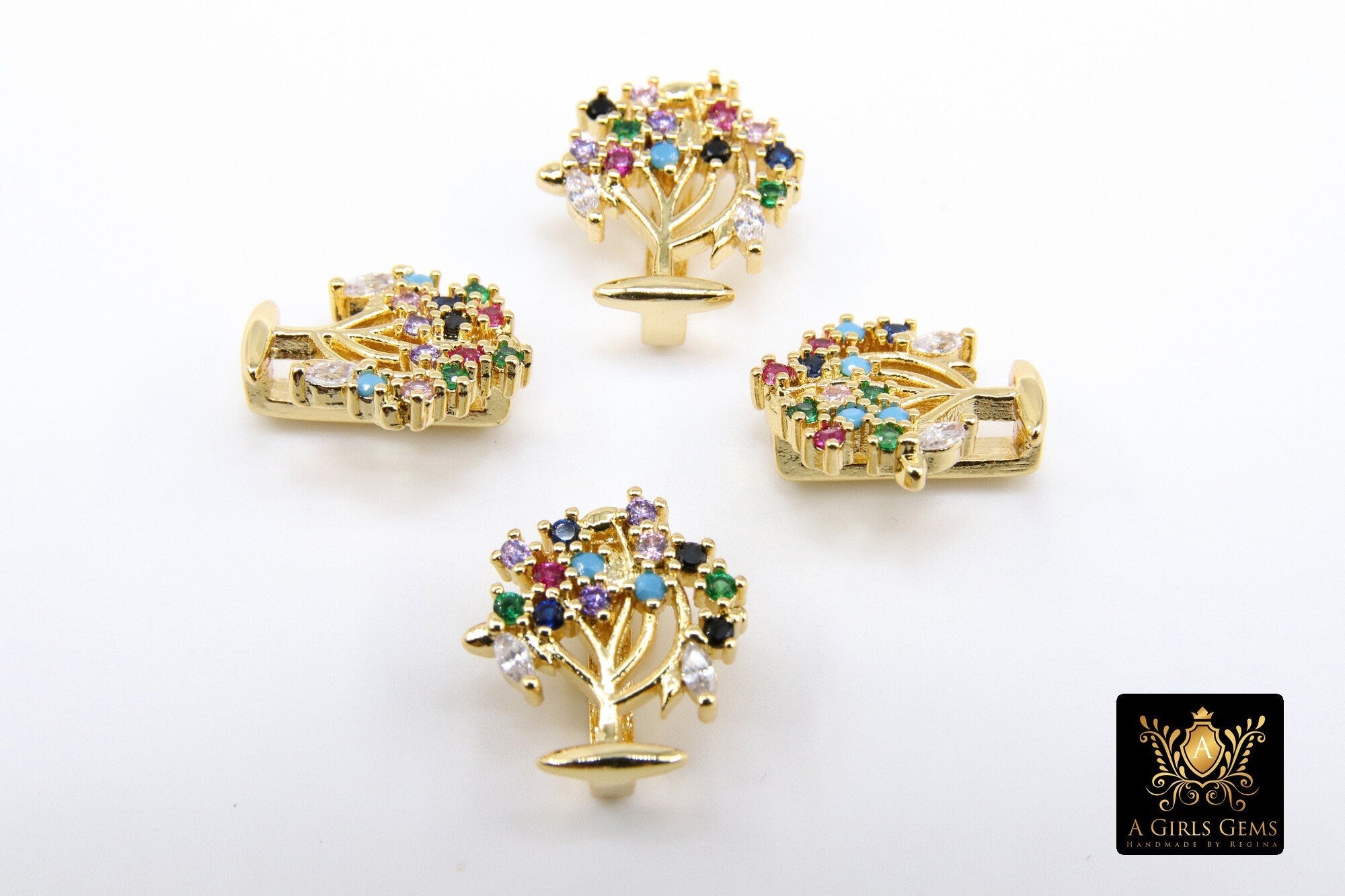 Tree of Life Slider Charms, Gold Rainbow CZ Pave Round Family Tree Charms, Pendant Bracelet