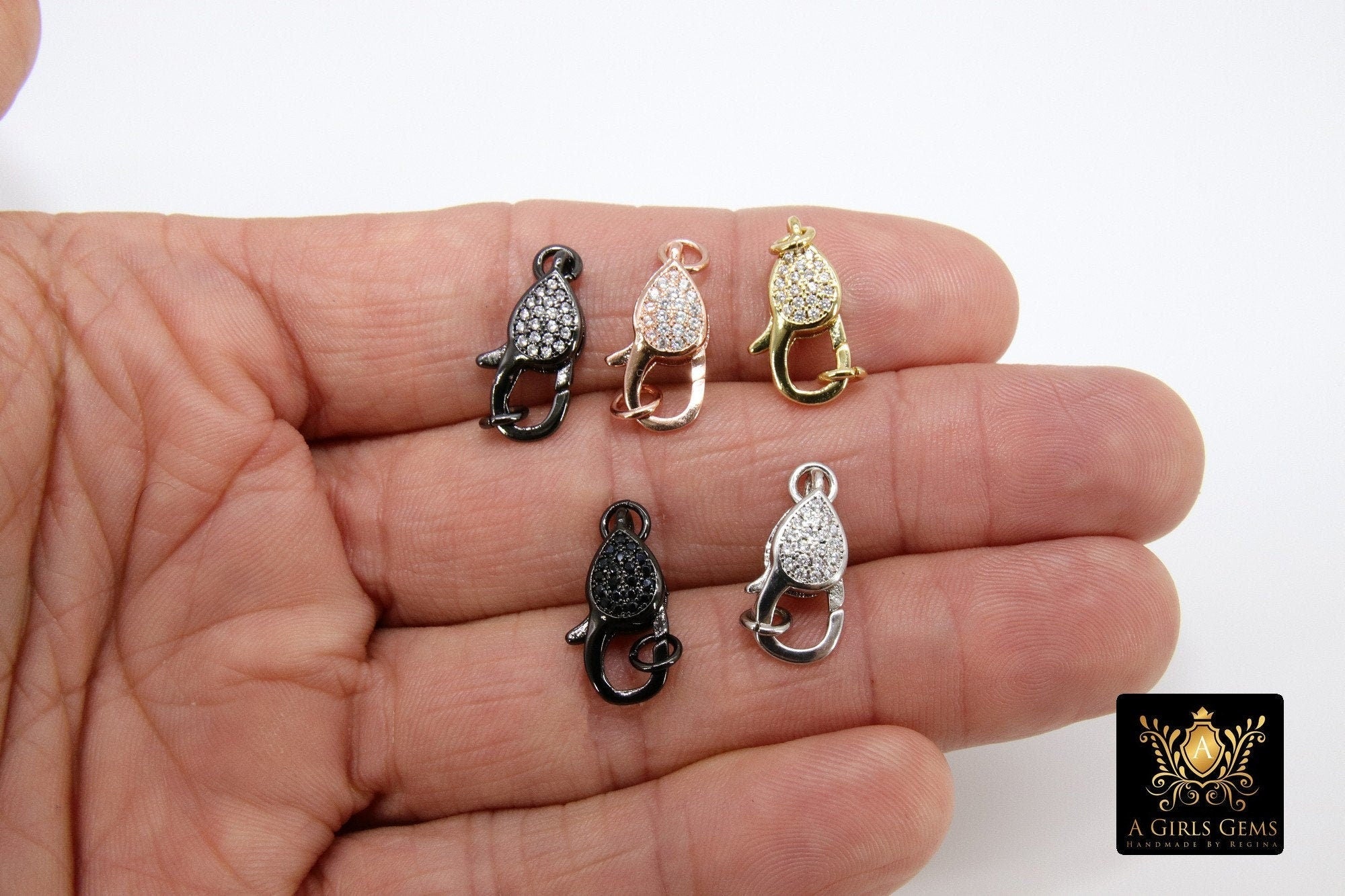 Clear CZ Pave Lobster Claw Clasp, Teardrop Pave Buckle Link Connector #140, 10 x 19 mm Gold