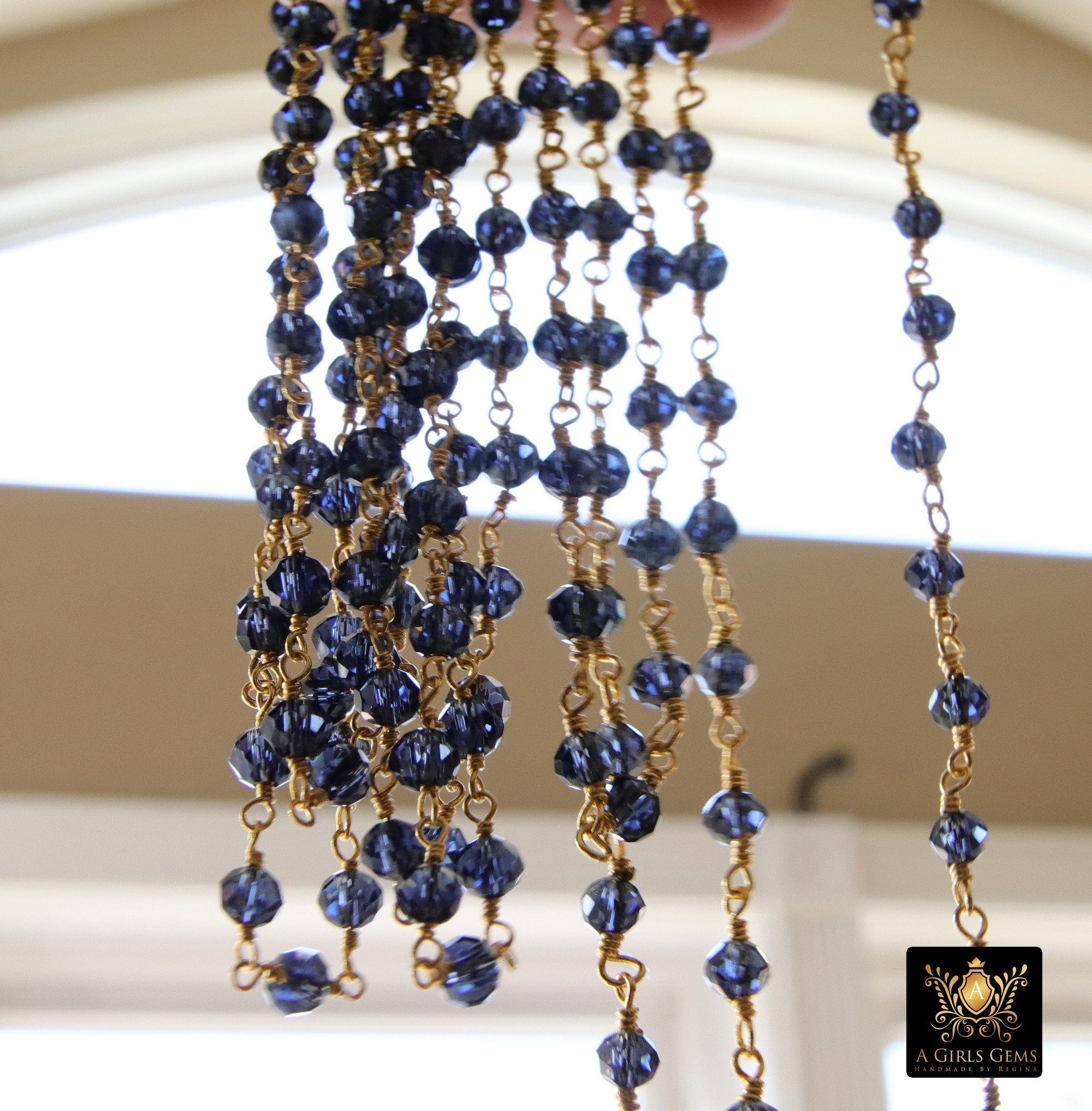 Gunmetal Black Rosary Chain, Charcoal Navy 4 mm Gold Wire Wrapped Bead Chains for Jewelry Making Bulk Beaded Rosary