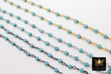 Turquoise Rosary Blue Beaded Chain, 4 mm Wire Wrapped CH #524, Silver Plated