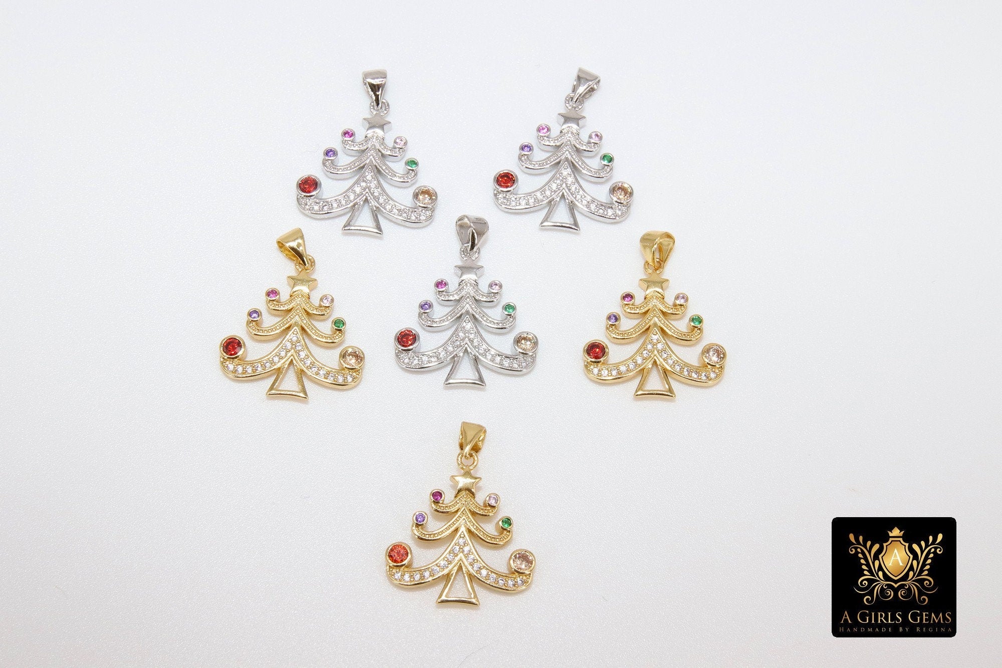Micro Pave CZ Christmas Tree Charm, Gold or Silver Rainbow Cubic Zirconia Christmas Tree Charms
