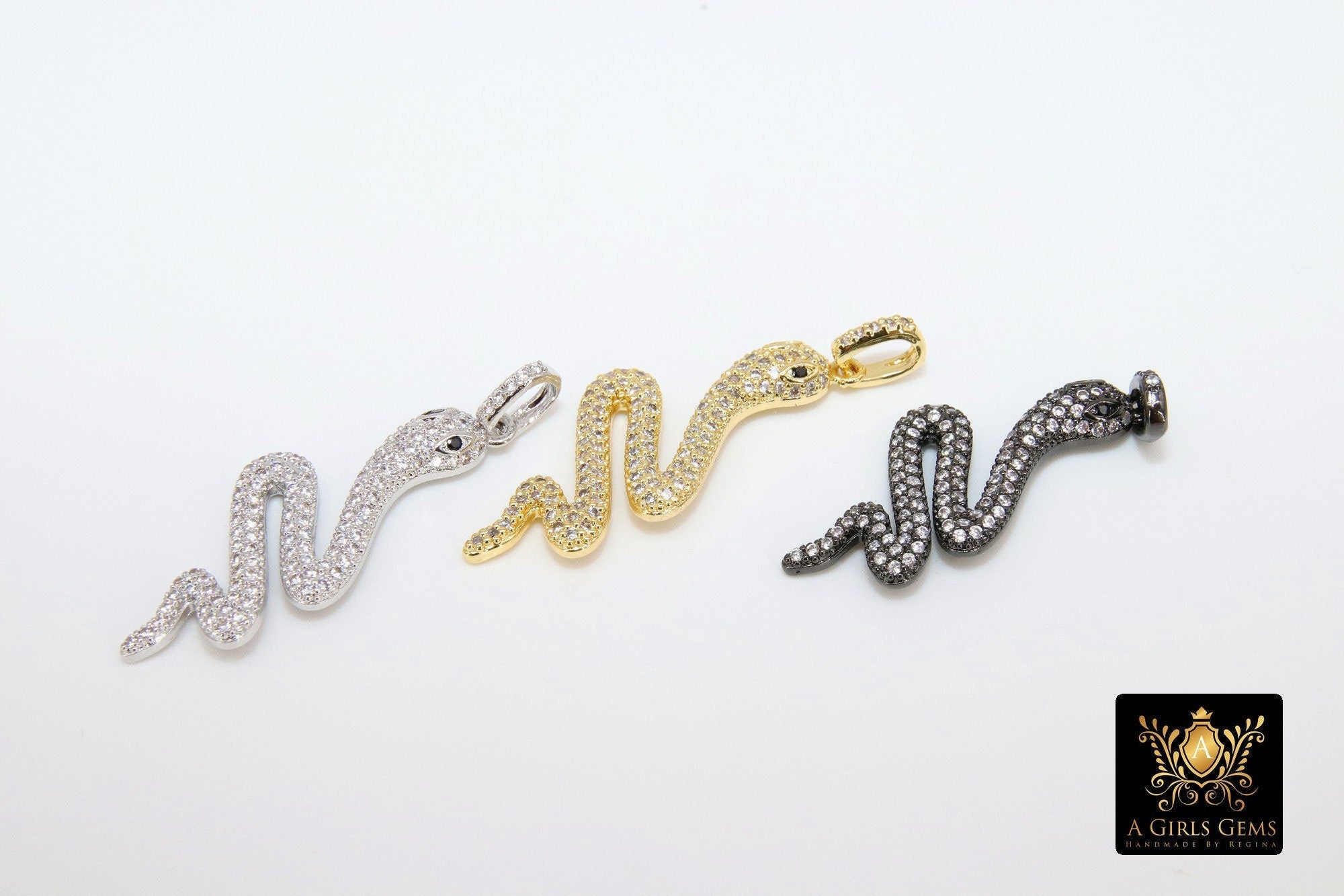 Snake Charms, Cubic Zirconia Bail Large CZ Green Eye Serpents, Blue Turquoise Gold
