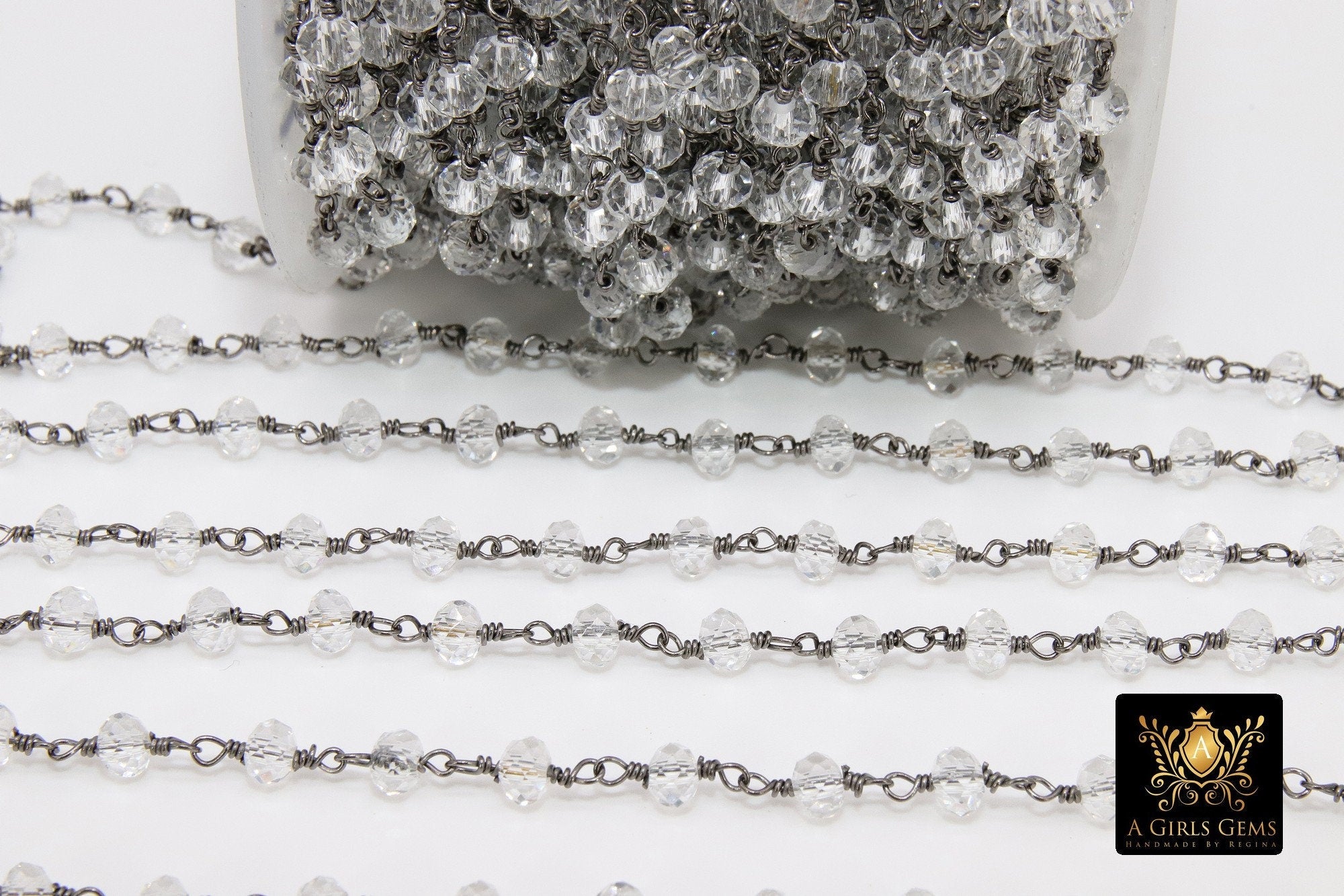 Clear Crystal Rosary Chain, 6 mm Crystal 22k Gold Plated Chain CH #323, Boho Jewelry Chains