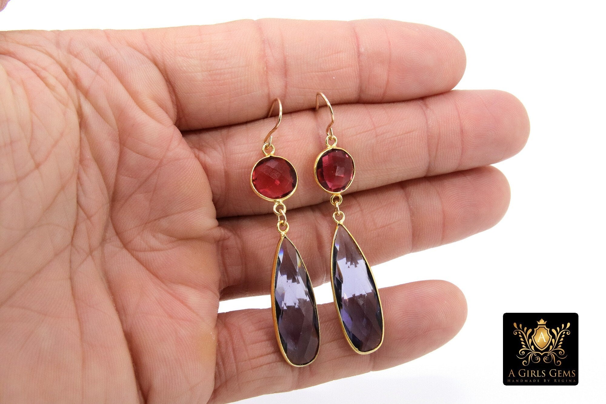 14 K Gold Pink Tourmaline Earrings, Iolite Gemstones, Dangle Ear Wire Hooks