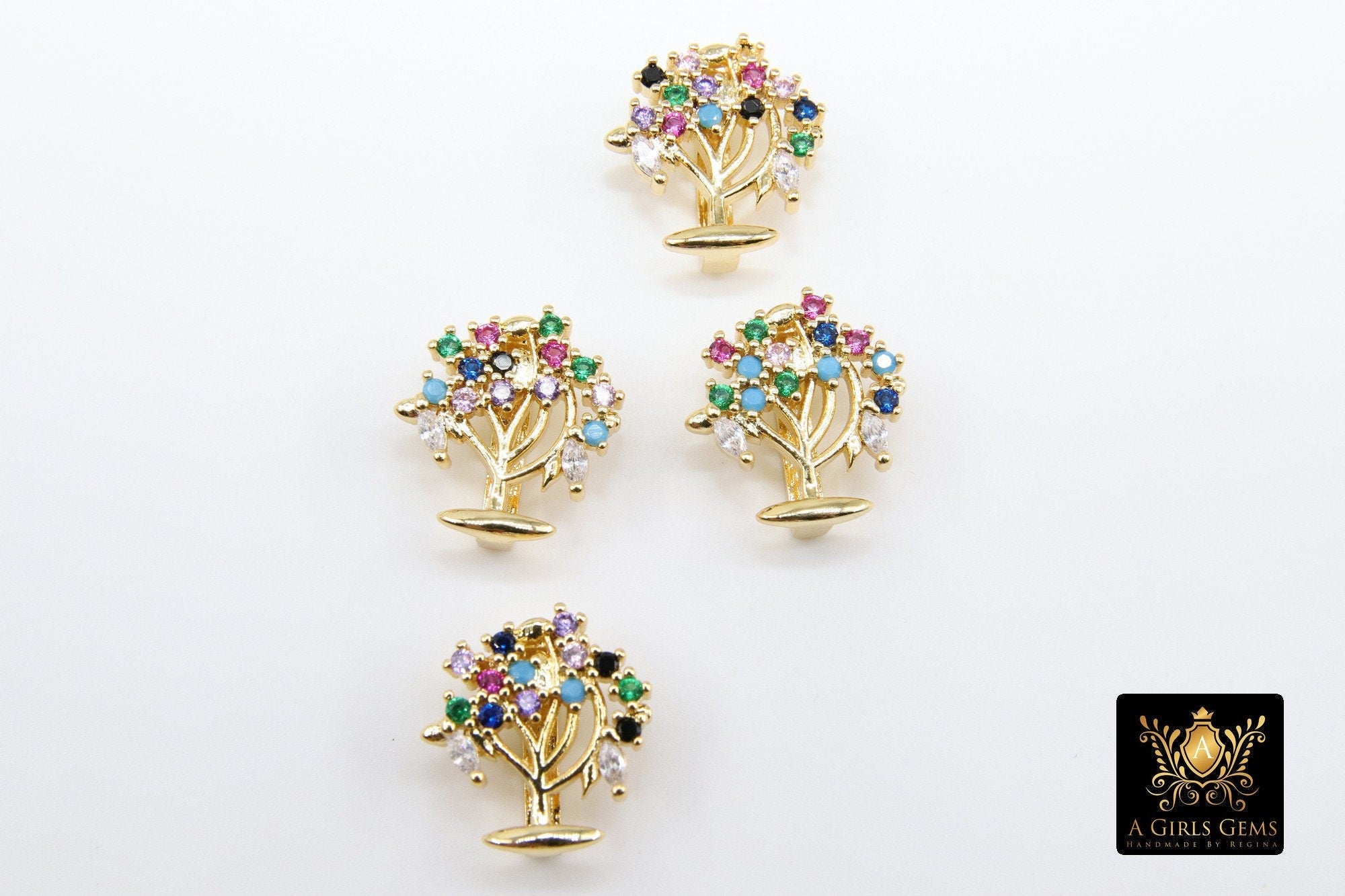 Tree of Life Slider Charms, Gold Rainbow CZ Pave Round Family Tree Charms, Pendant Bracelet