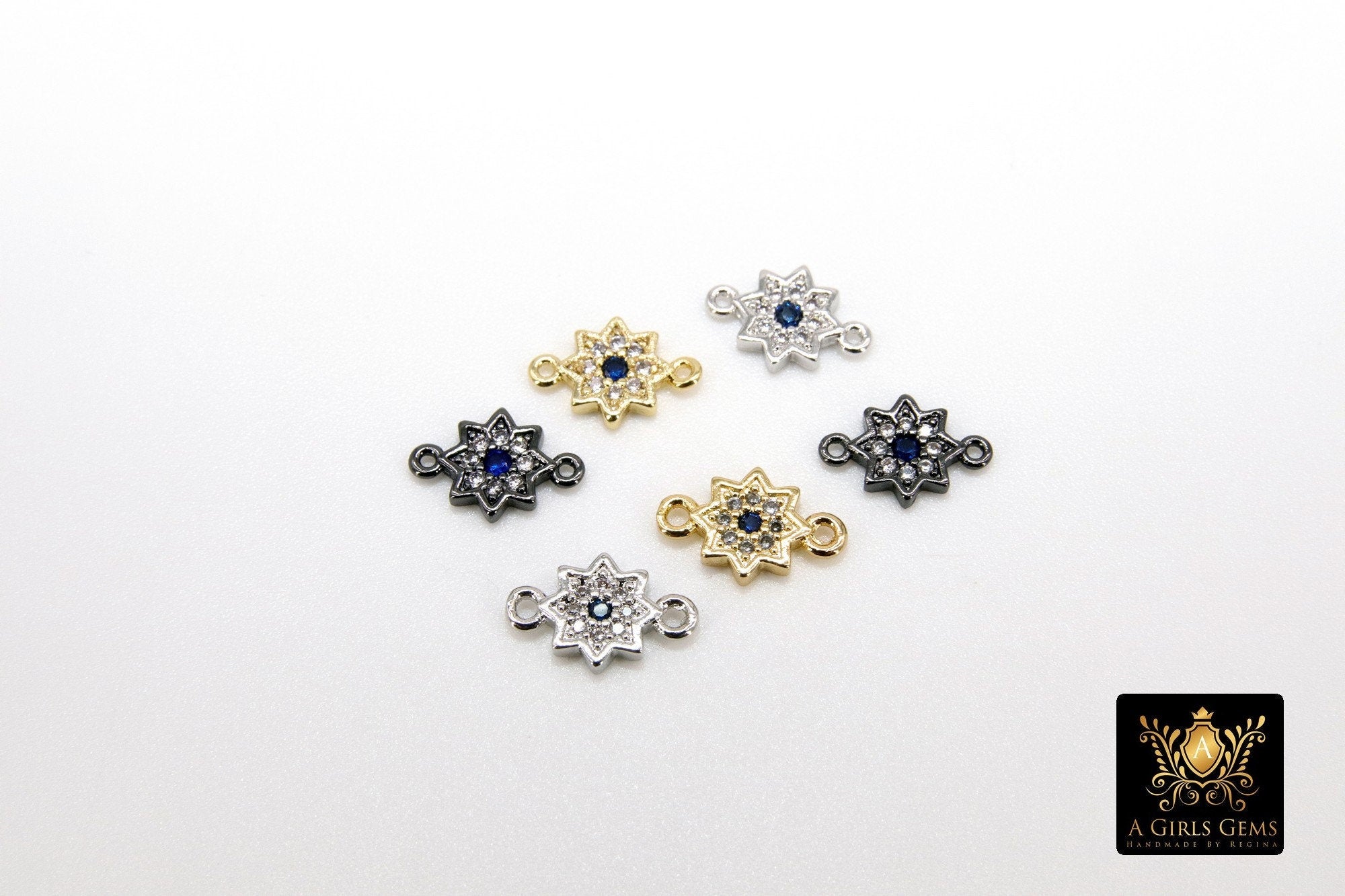 Starburst Connector Links, 2 Pcs CZ Pave Bead with Sapphire Blue CZ, Gold
