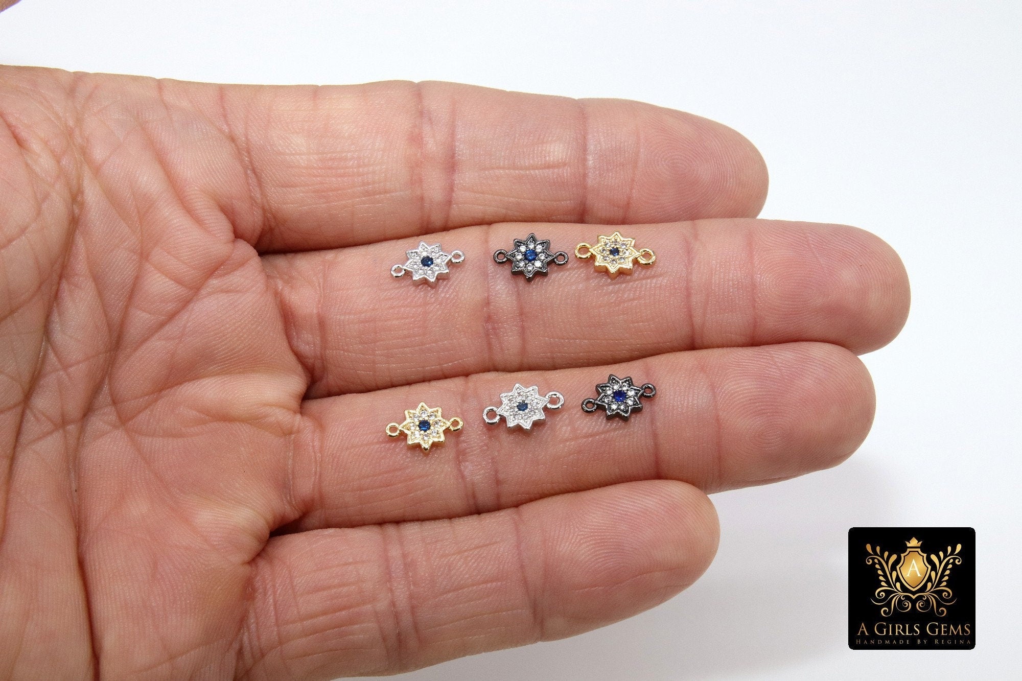 Starburst Connector Links, 2 Pcs CZ Pave Bead with Sapphire Blue CZ, Gold