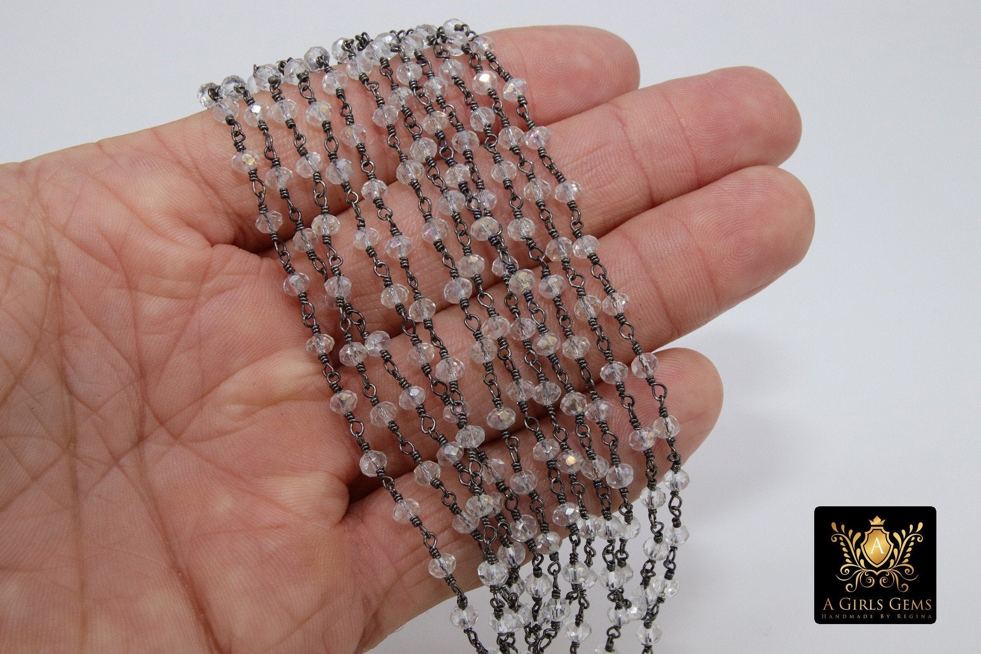 Clear Crystal AB Rosary Chain, 4 mm Mystic AB CH #439, Silver Wire Wrapped,Glass Beaded Chains