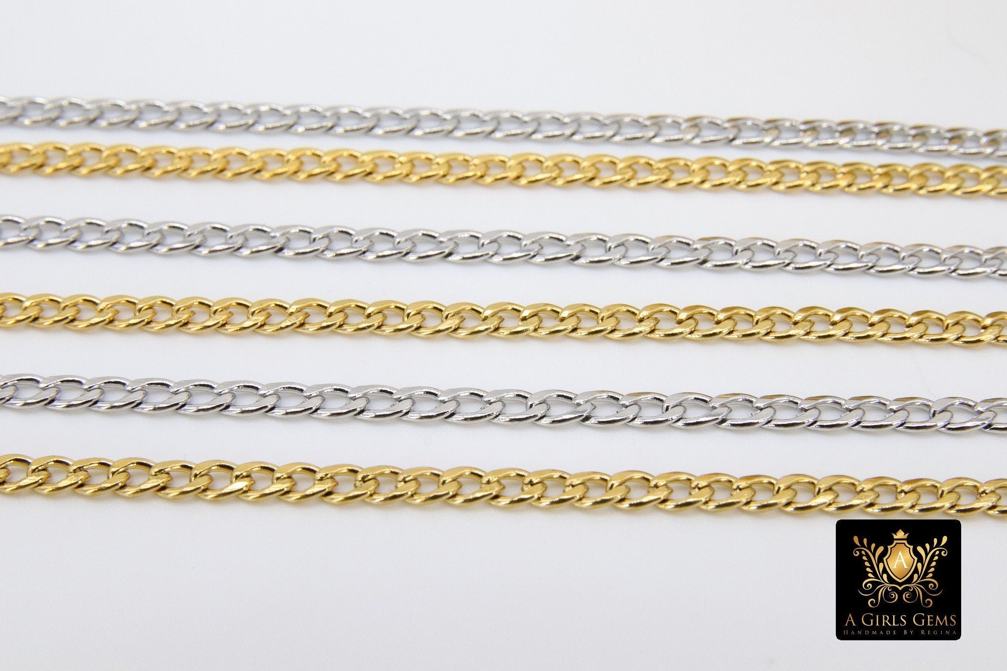 Gold Stainless Steel Chain, 304 Silver Flat Dainty Curb Chains CH #162, Unfinished Cable Necklace Chains