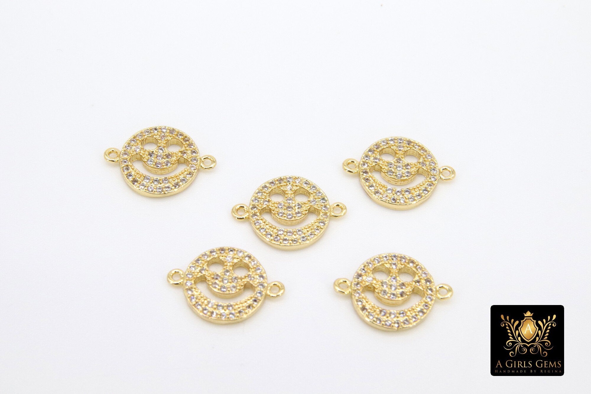 CZ Micro Pave Smiley Face Charms, Gold Cubic Zirconia Happy Face For Bracelet #553, Tiny Necklace Charms 9 x 10 mm