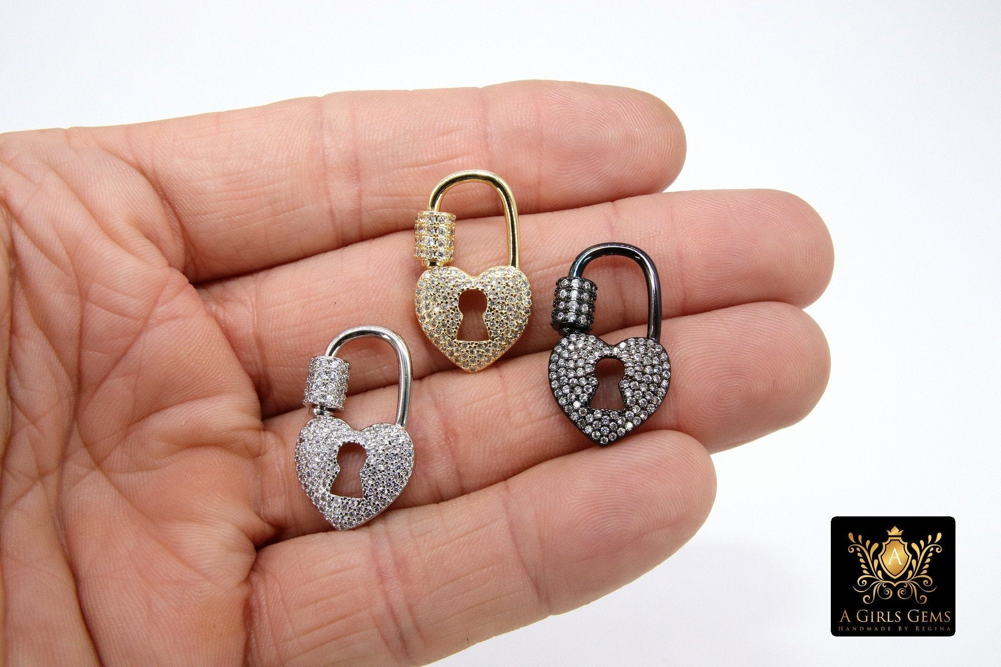 CZ Pave Lock and Key Clasps, Heart Screw Oval Clasp, Necklace Carabiner Lock Connectors #2332