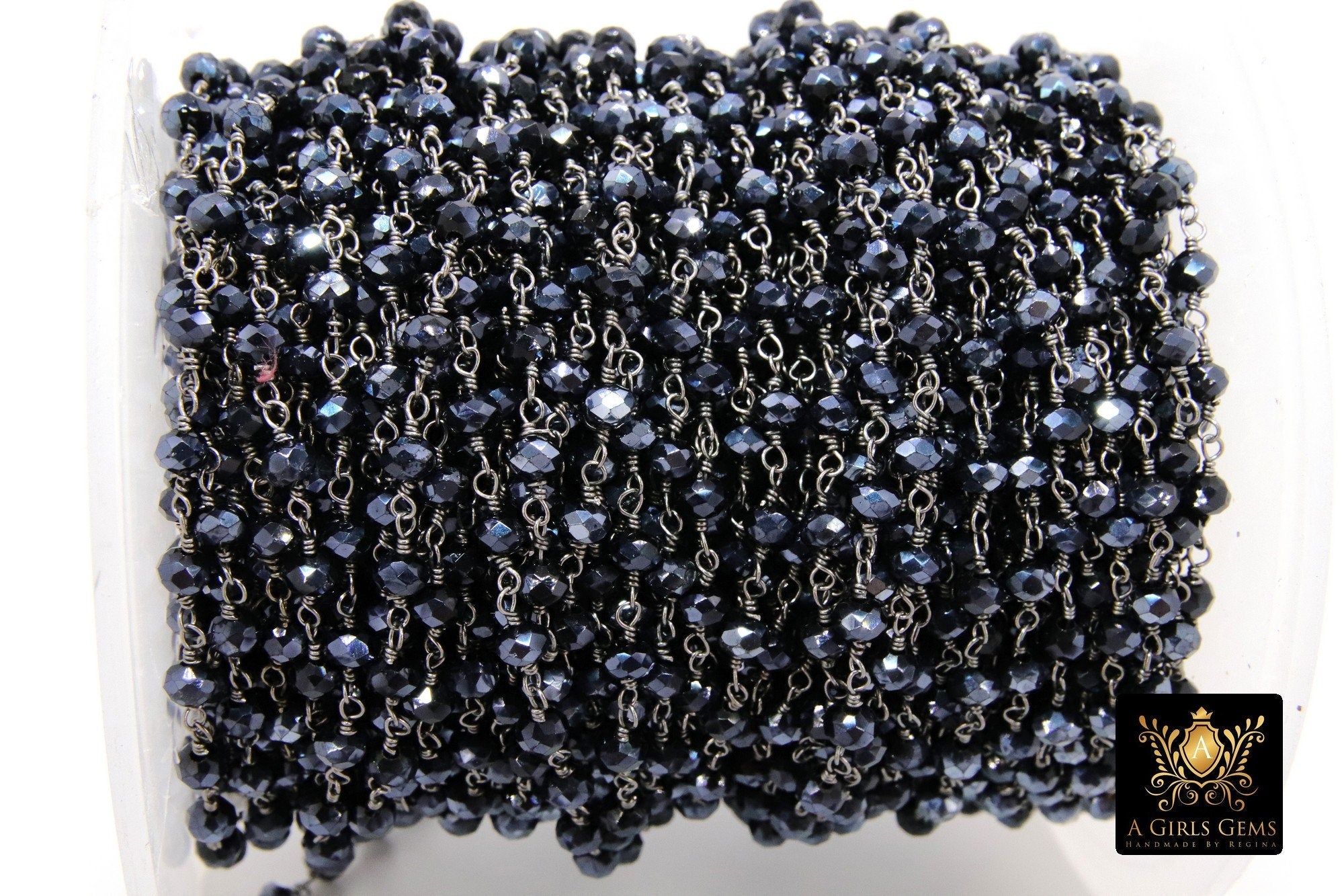 Gunmetal Black AB Rosary Chain, 4 mm Black Wire Wrapped Bead Chains CH #335, Jewelry Findings