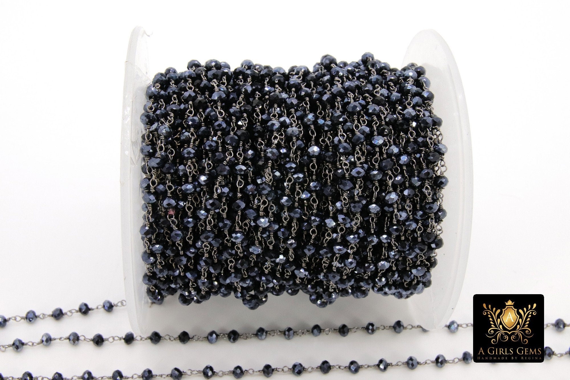 Gunmetal Black AB Rosary Chain, 4 mm Black Wire Wrapped Bead Chains CH #335, Jewelry Findings