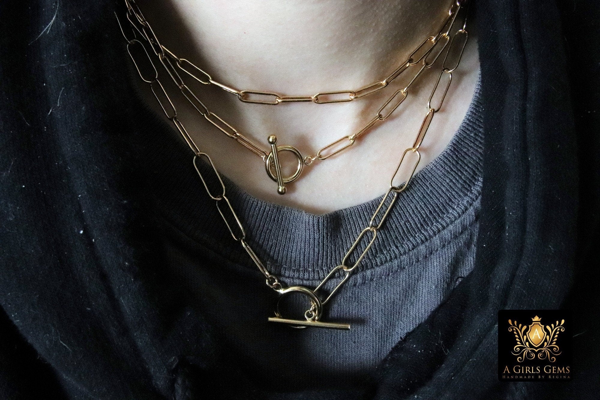 14 K Gold Toggle Bar Necklace, Double Wrap Gold Filled Paperclip Choker, Large Rectangle