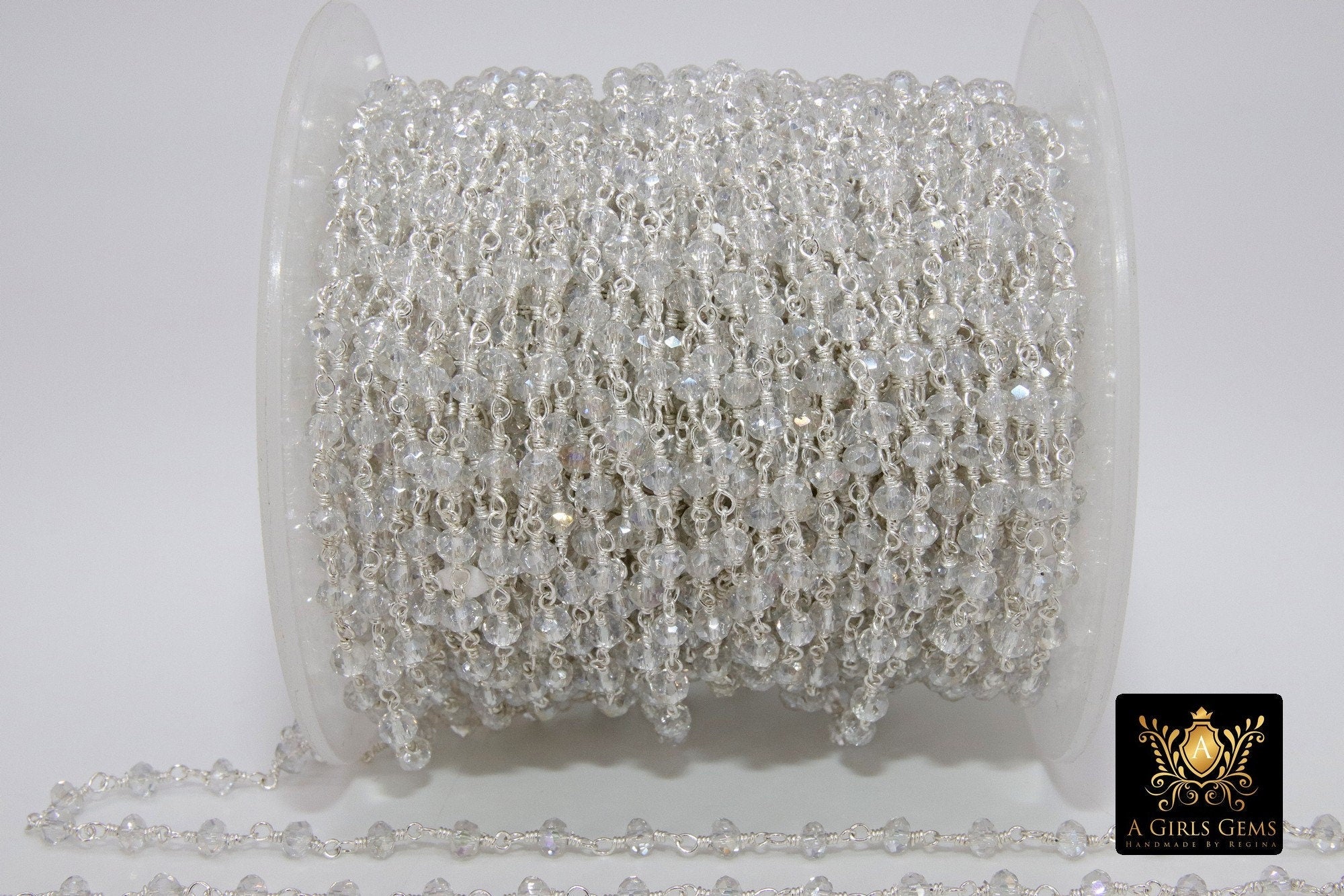 Clear Crystal AB Rosary Chain, 4 mm Mystic AB Black CH #439, Gold or Silver Wire Wrapped