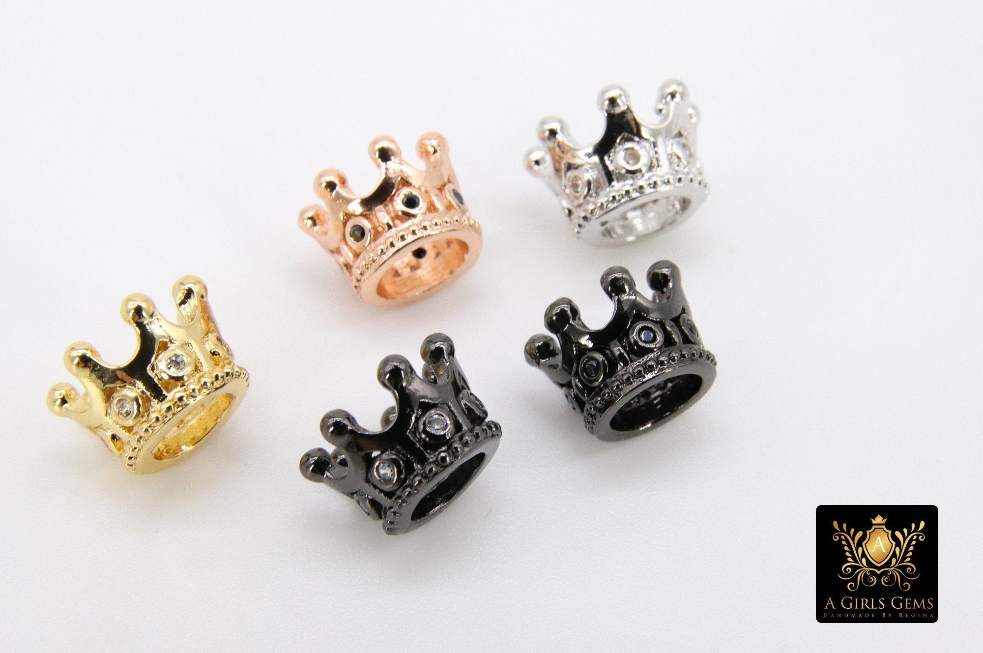 CZ Micro Pave Crown, Shaped Beads #869, 3 Pcs Queen King Crown Spacers