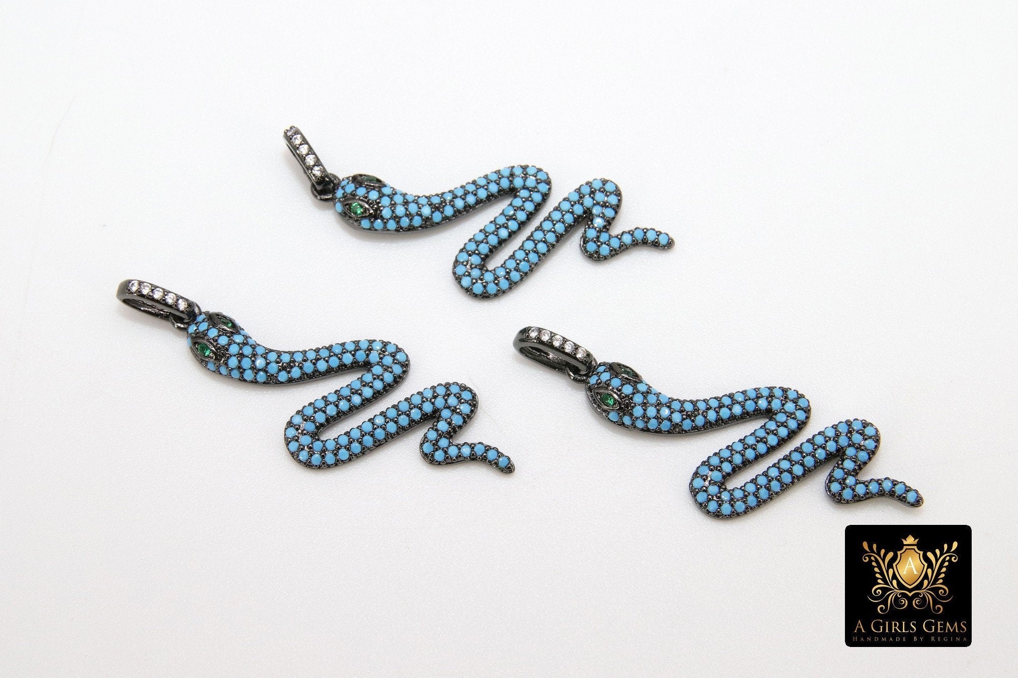Snake Charms, Cubic Zirconia Bail Large CZ Green Eye Serpents, Blue Turquoise Gold