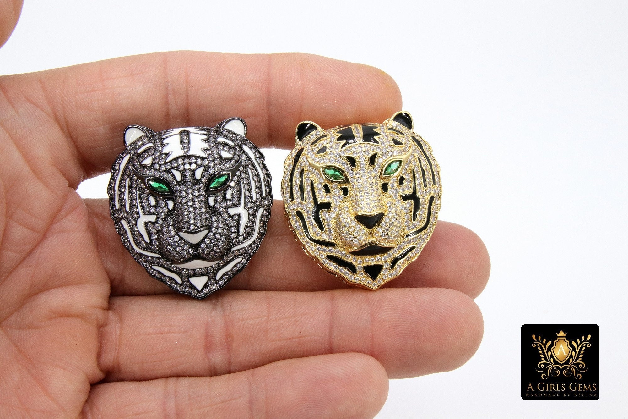 Tiger Head Pendant, AG #663, CZ Micro Pave Gold Tiger Pendant with Bail