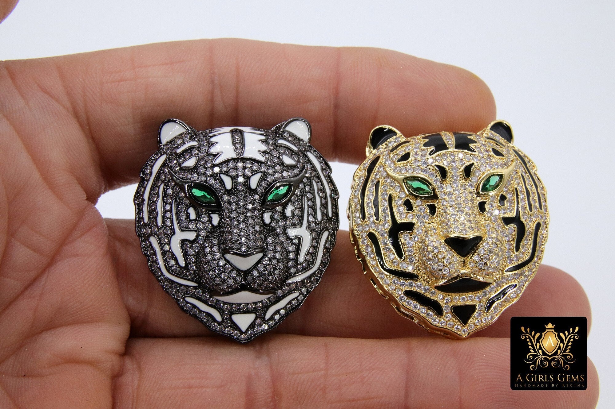 Tiger Head Pendant, AG #663, CZ Micro Pave Gold Tiger Pendant with Bail