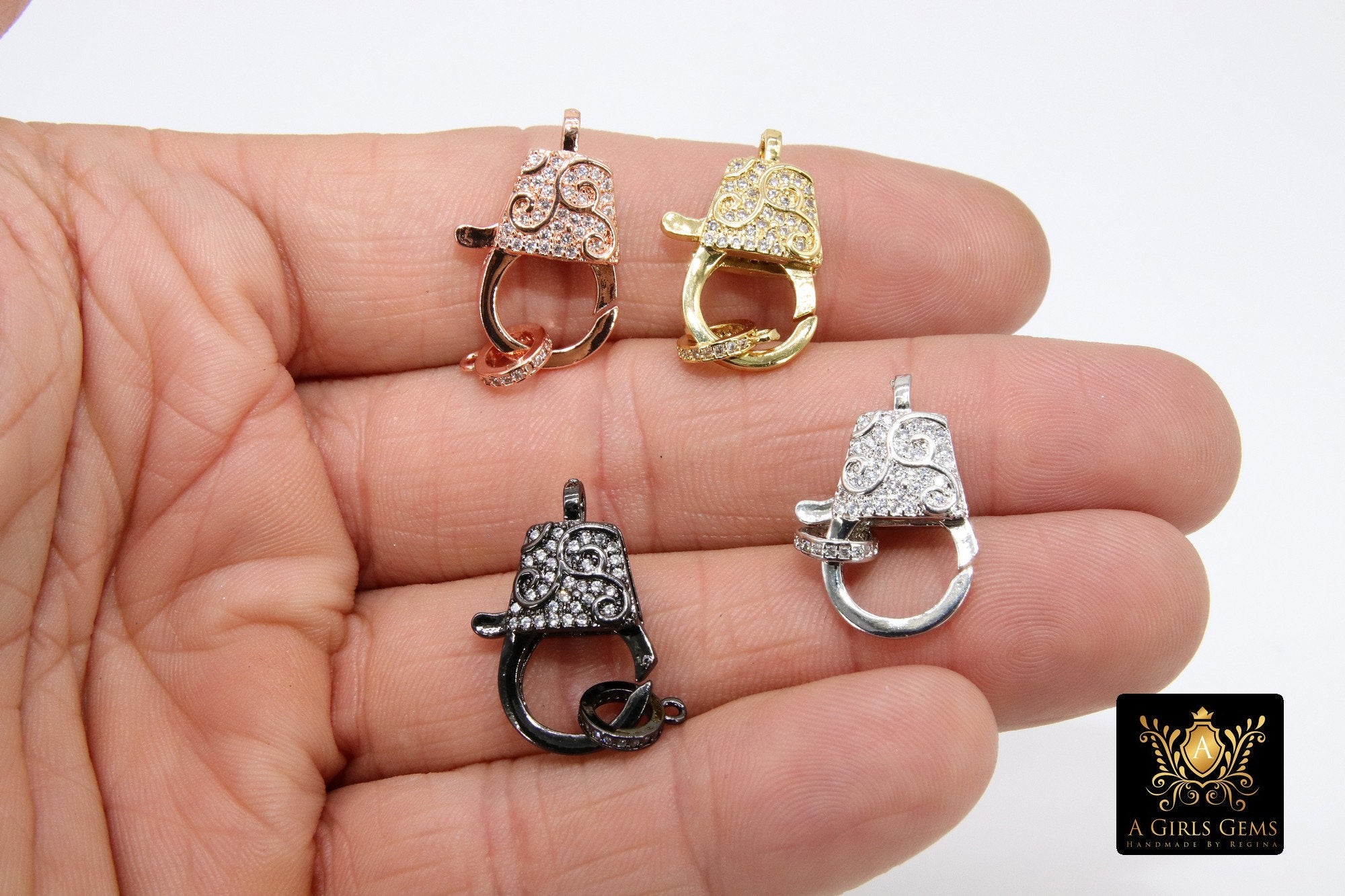Large Lobster Clasp, CZ Pave Scroll Claws, Diamond Pave Textured Filigree Findings