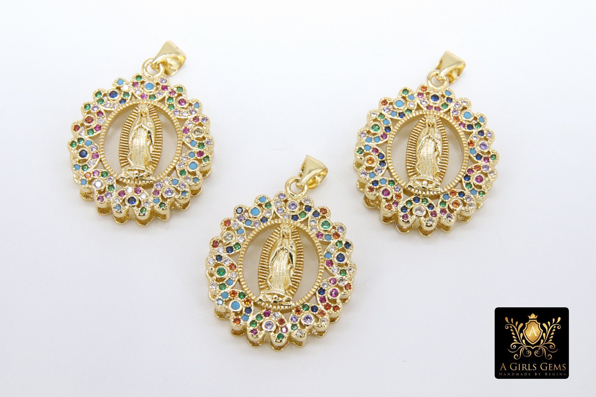 Gold Jesus Virgin Mary Charms, #598, CZ Micro Pave Connector Beads or Slide Bead Pendants