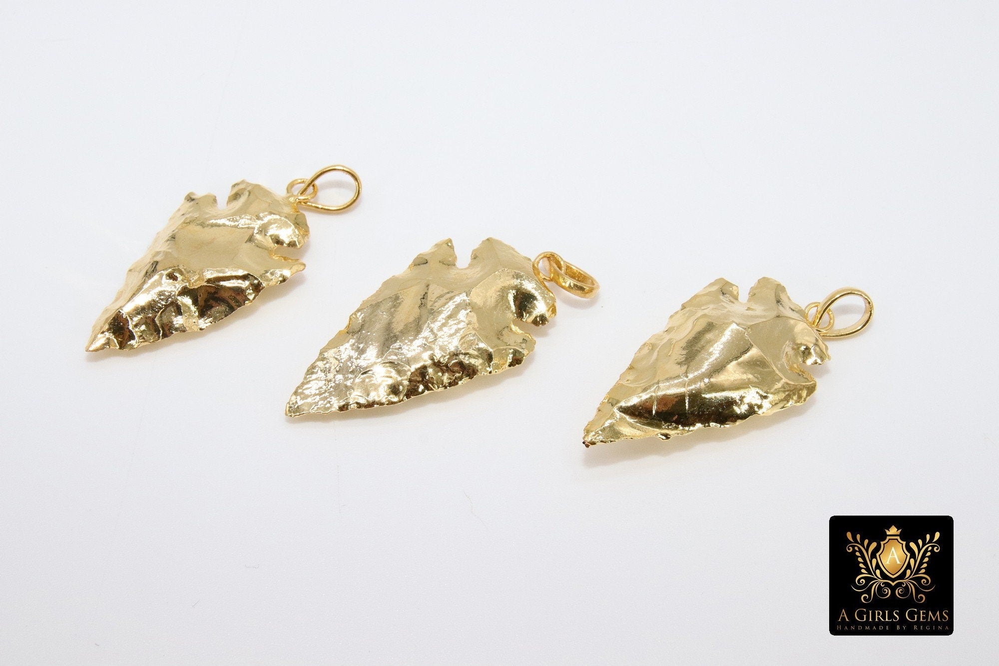 Arrowhead Charm Pendants, Small Gold and Black Crystal Quartz Arrow Tribal Pendants