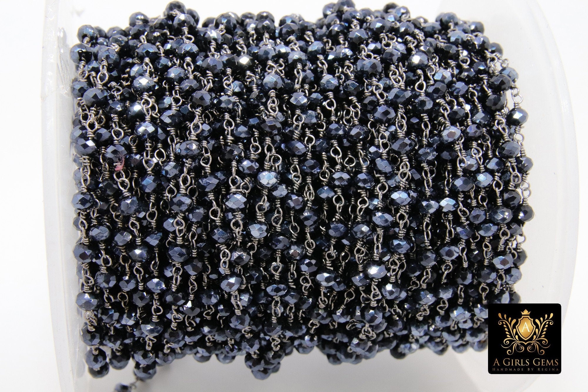 Gunmetal Black AB Rosary Chain, 4 mm Black Wire Wrapped Bead Chains CH #335, Jewelry Findings