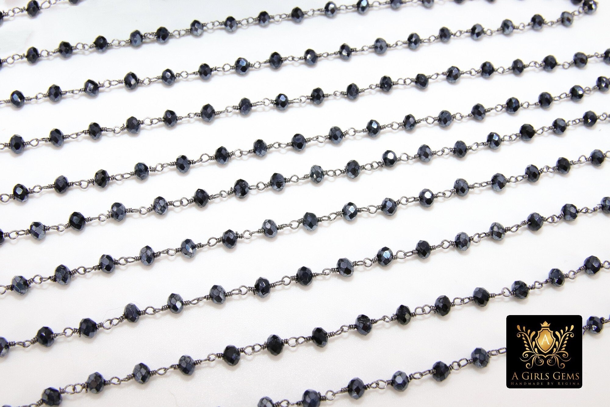 Gunmetal Black AB Rosary Chain, 4 mm Black Wire Wrapped Bead Chains CH #335, Jewelry Findings