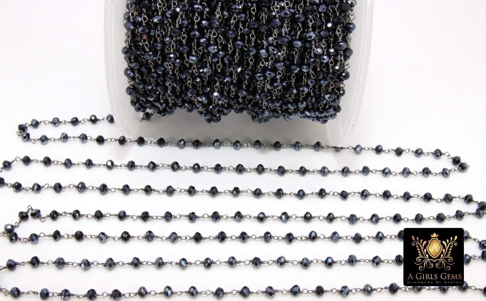 Gunmetal Black AB Rosary Chain, 4 mm Black Wire Wrapped Bead Chains CH #335, Jewelry Findings