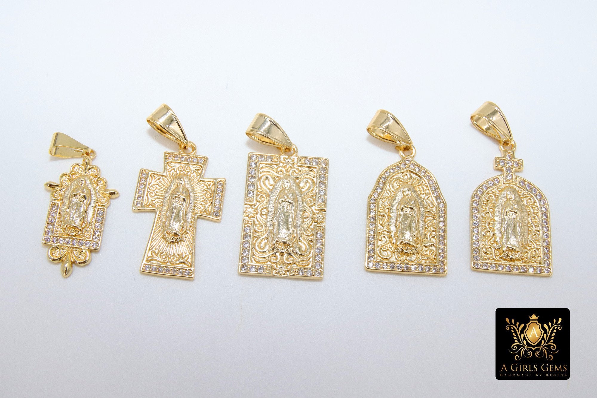 Gold Jesus Virgin Mary Charms, CZ Micro Pave Pendants, Matte Gold Cross #926