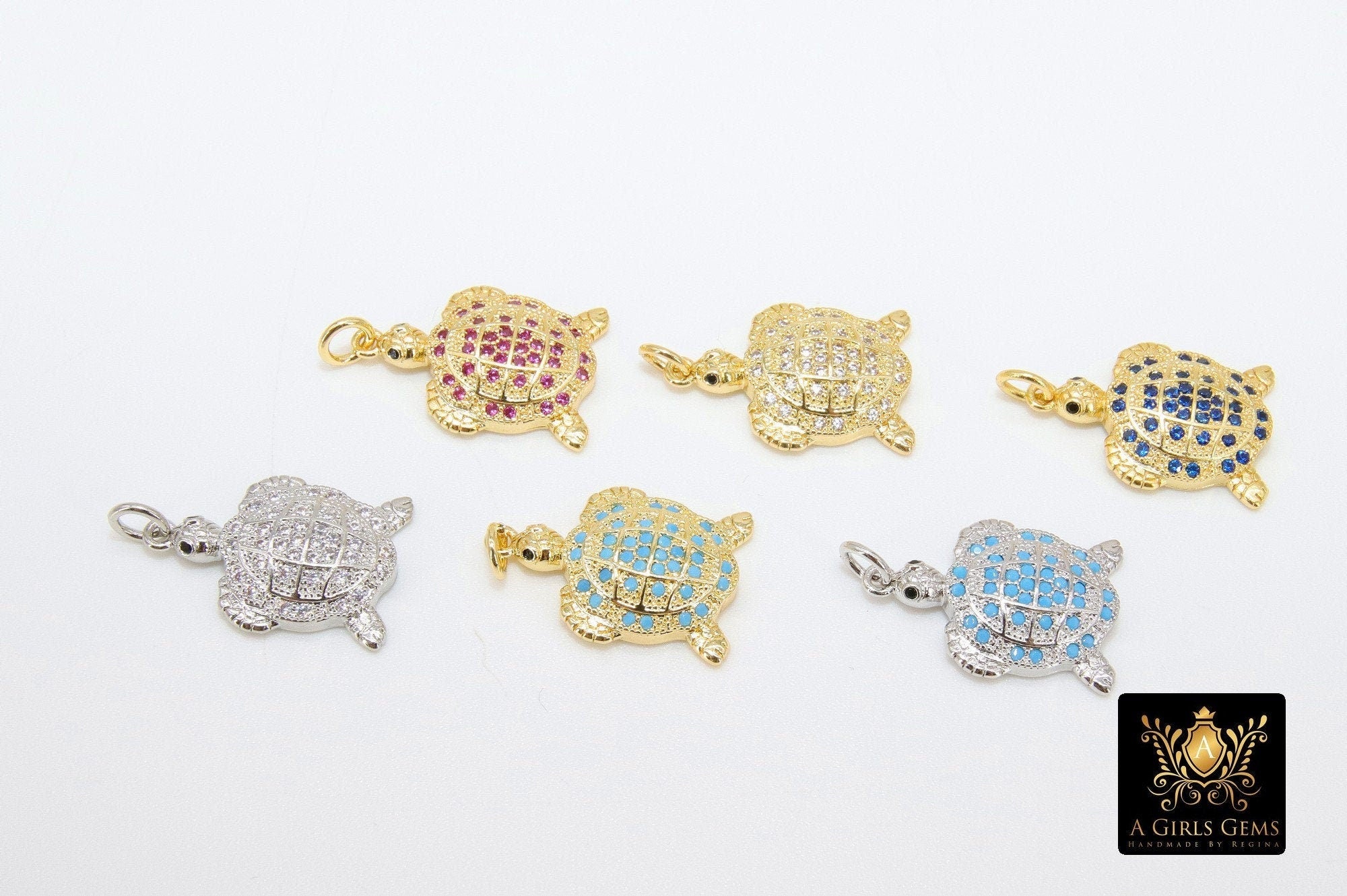 CZ Pave Turtle Charms, Gold Tortoise Pendants for Silver Sea Turtle Animal Beach Necklace
