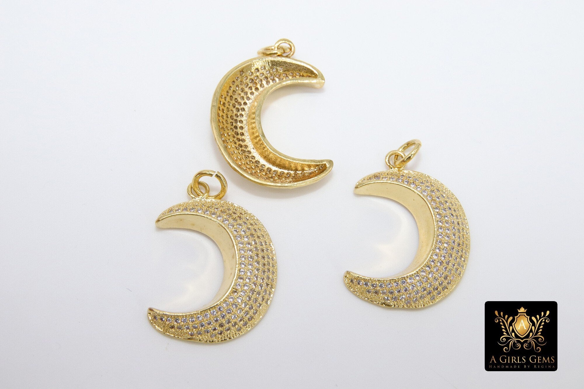 CZ Micro Pave Moon Charms, Gold Diamond Pave Cubic Zirconia Pendant, Black Half Moon Charm