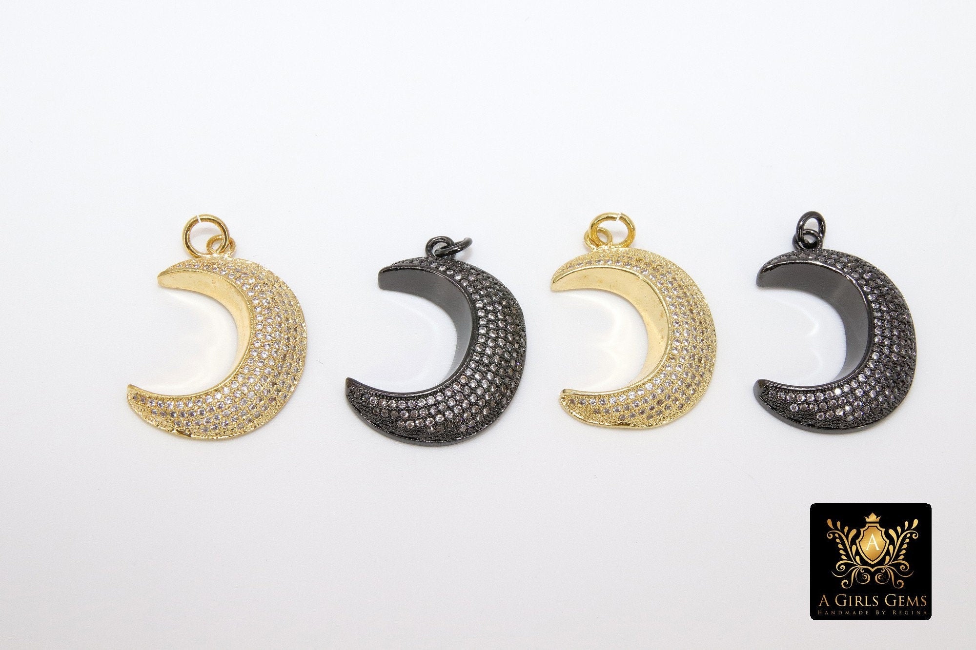 CZ Micro Pave Moon Charms, Gold Diamond Pave Cubic Zirconia Pendant, Black Half Moon Charm