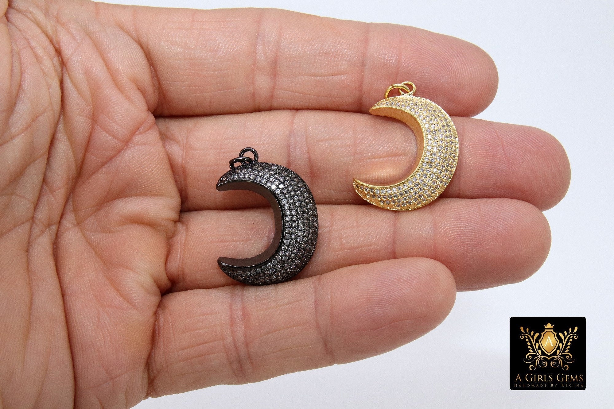 CZ Micro Pave Moon Charms, Gold Diamond Pave Cubic Zirconia Pendant, Black Half Moon Charm