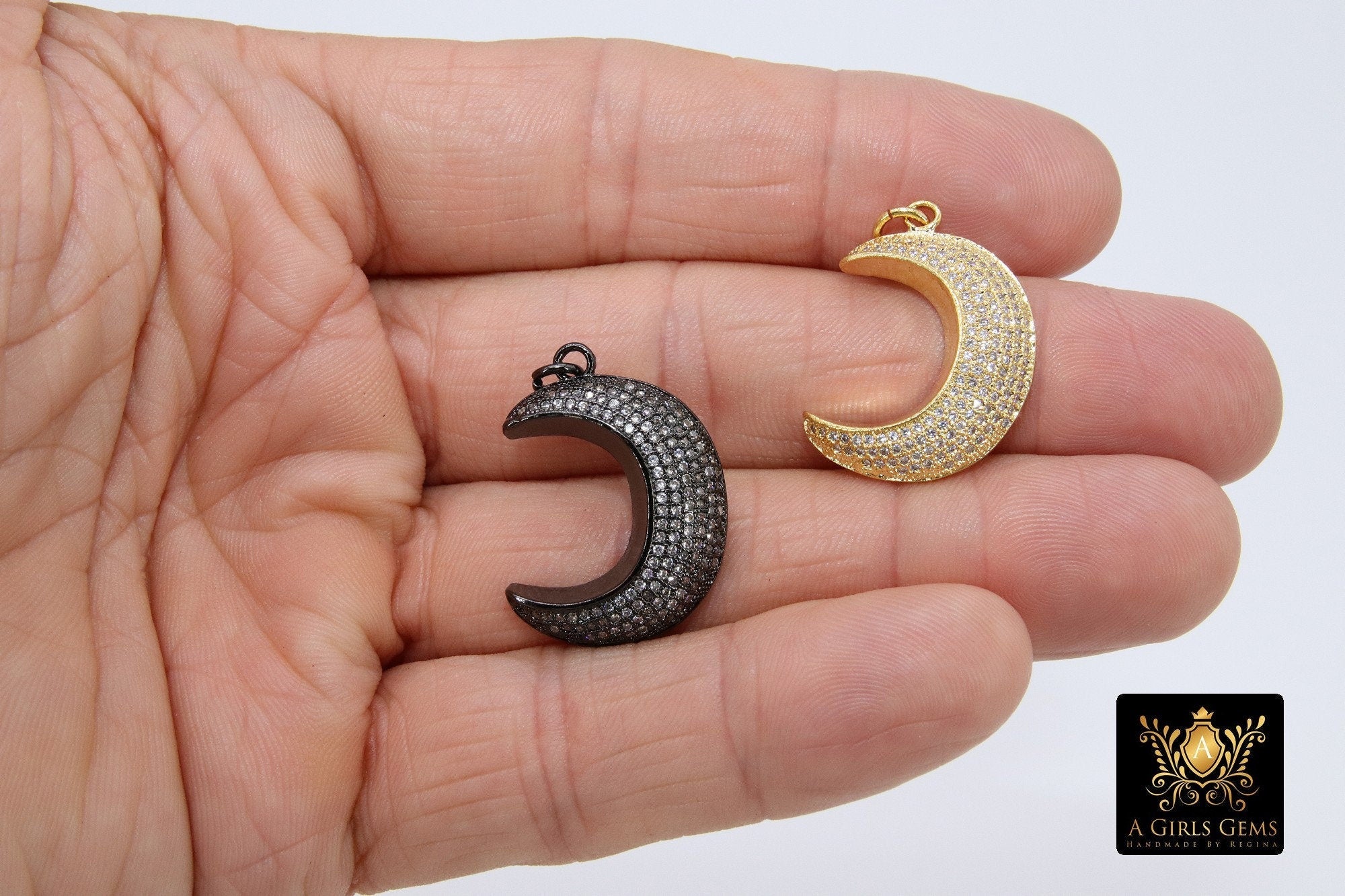 CZ Micro Pave Moon Charms, Gold Diamond Pave Cubic Zirconia Pendant, Black Half Moon Charm