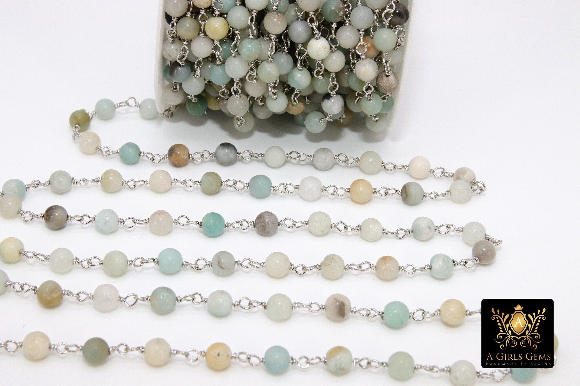 Amazonite Rosary Chain, 6 mm Silver Plated Beaded Chain CH #356, Wire Wrapped Chains