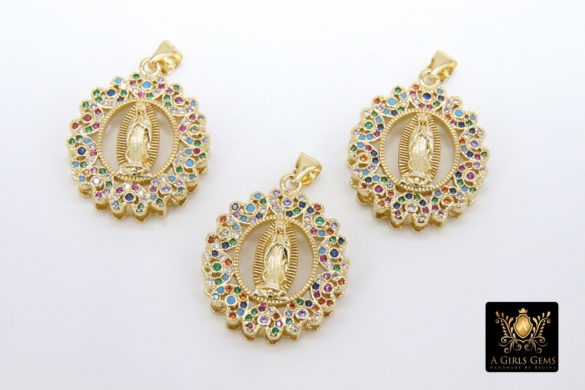 Rainbow CZ Mary Charms, CZ Micro Pave Connector Beads, Jesus Pendants