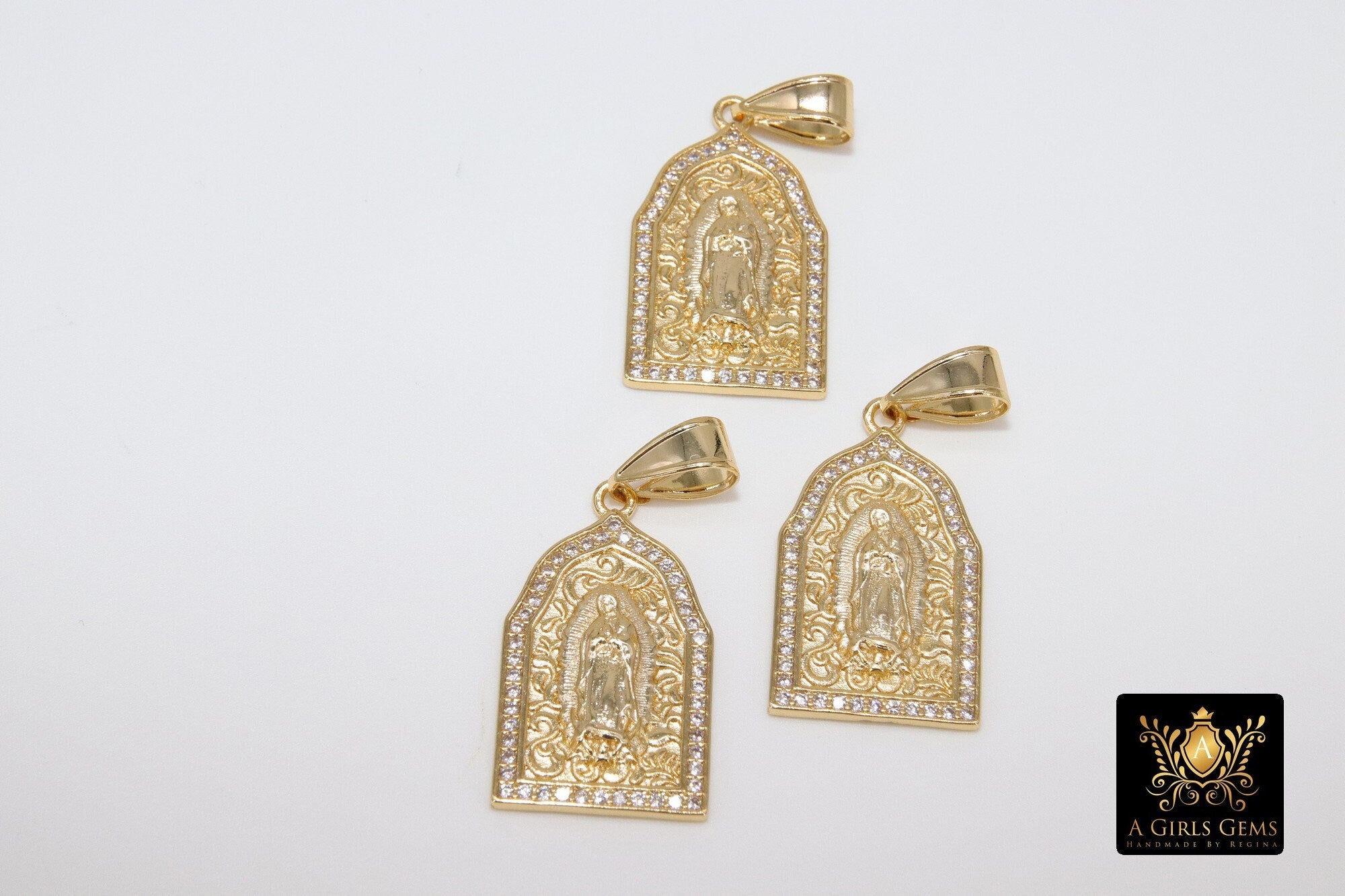 Gold Jesus Virgin Mary Charms, CZ Micro Pave Pendants, Matte Gold Cross #926