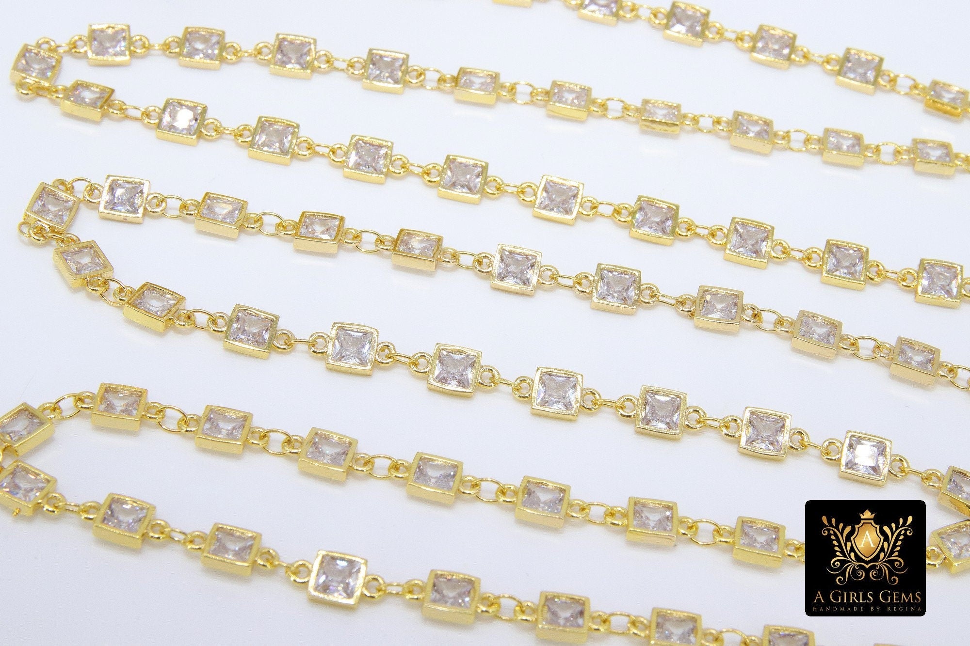 Genuine Cubic Zircon Chains, Square Bezel Chains Silver CH #556, Gold Plated