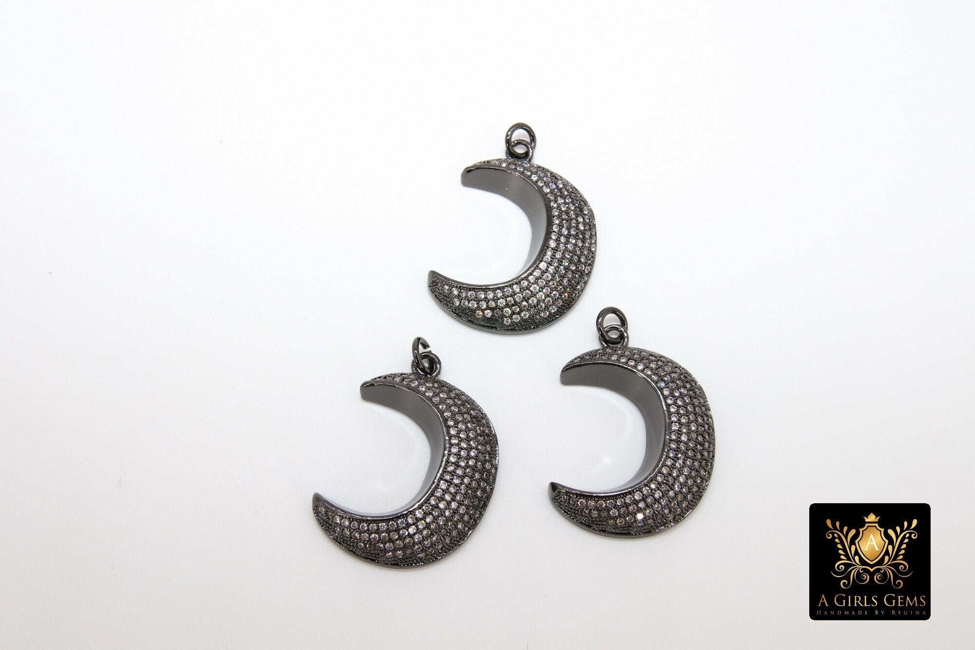 CZ Micro Pave Moon Charms, Gold Diamond Pave Cubic Zirconia Pendant, Black Half Moon Charm