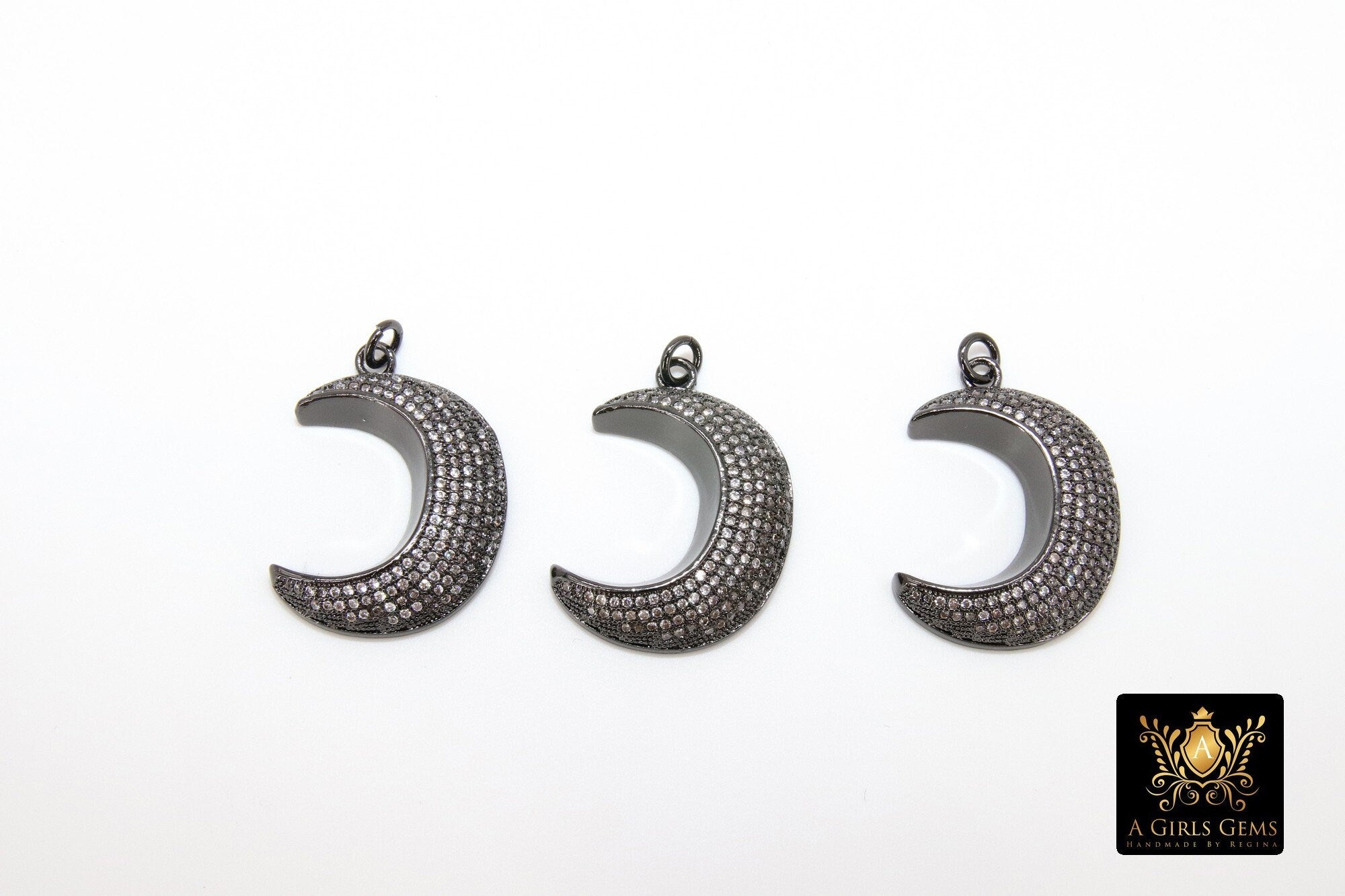 CZ Micro Pave Moon Charms, Gold Diamond Pave Cubic Zirconia Pendant, Black Half Moon Charm