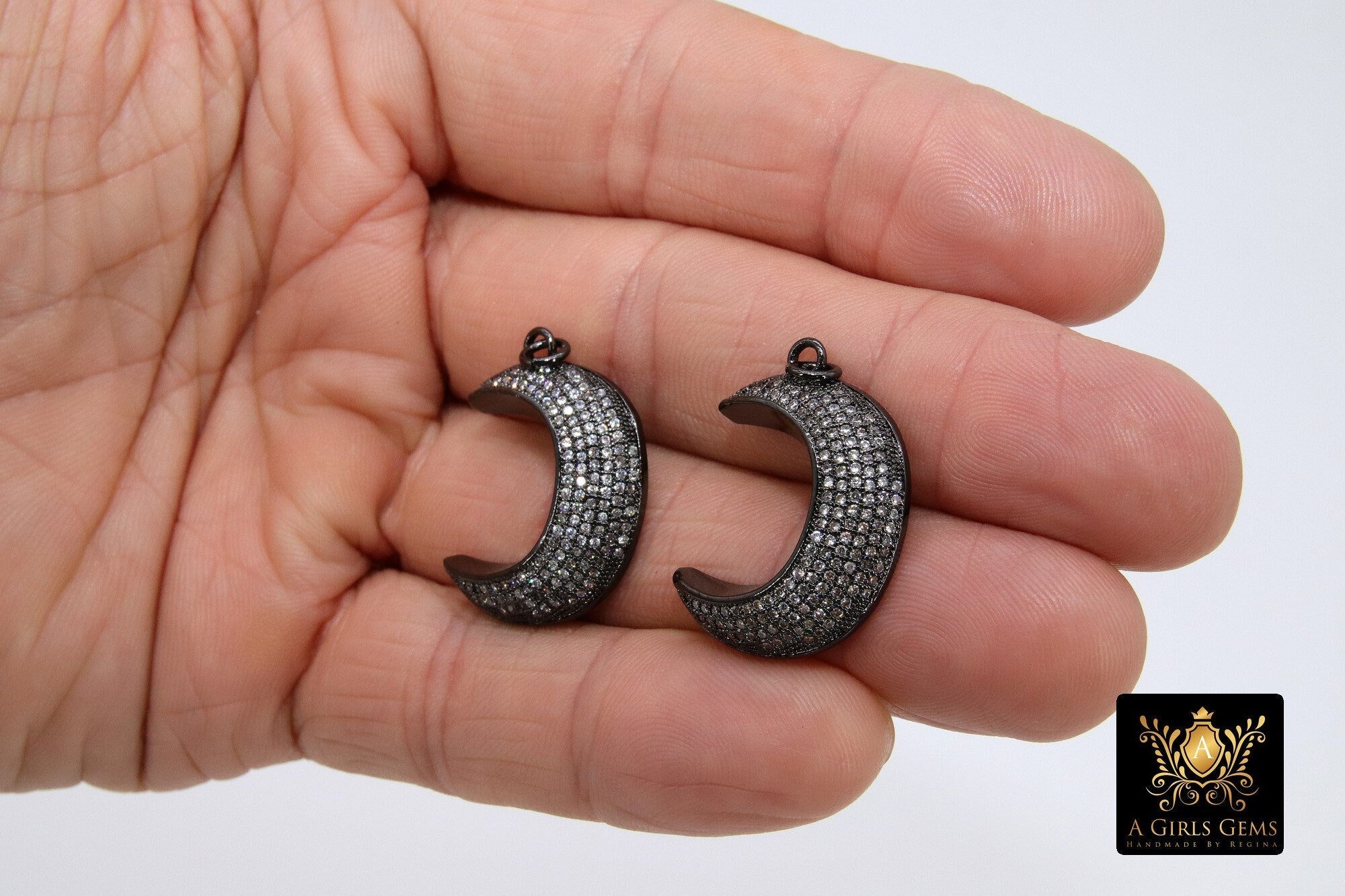 CZ Micro Pave Moon Charms, Gold Diamond Pave Cubic Zirconia Pendant, Black Half Moon Charm